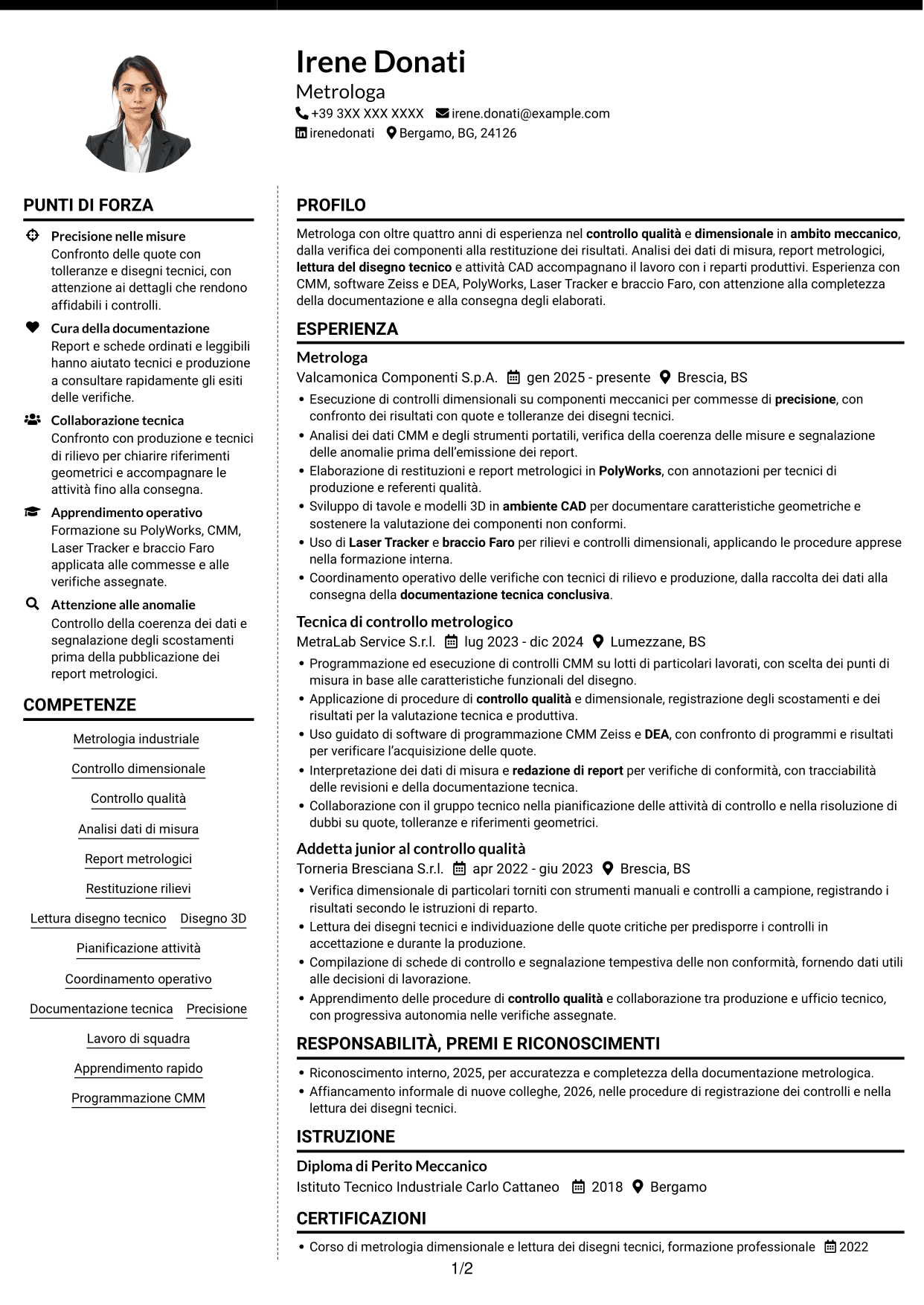 CV Moderno (formato a due colonne con foto a sinistra e separatore): Metrologo - Controllo dimensionale e rilievi 3D, pagina 1