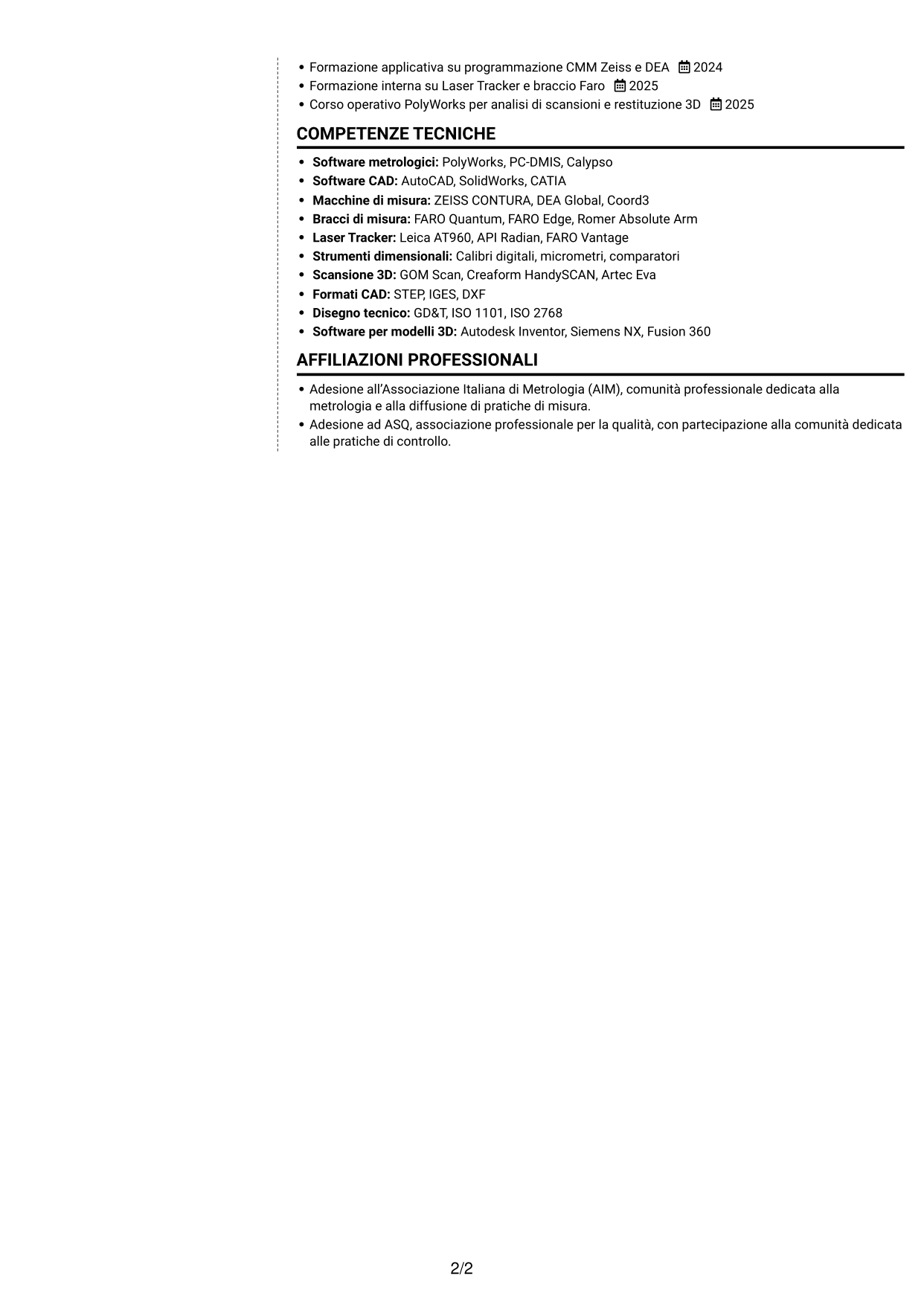 CV Moderno (formato a due colonne con foto a sinistra e separatore): Metrologo - Controllo dimensionale e rilievi 3D, pagina 2