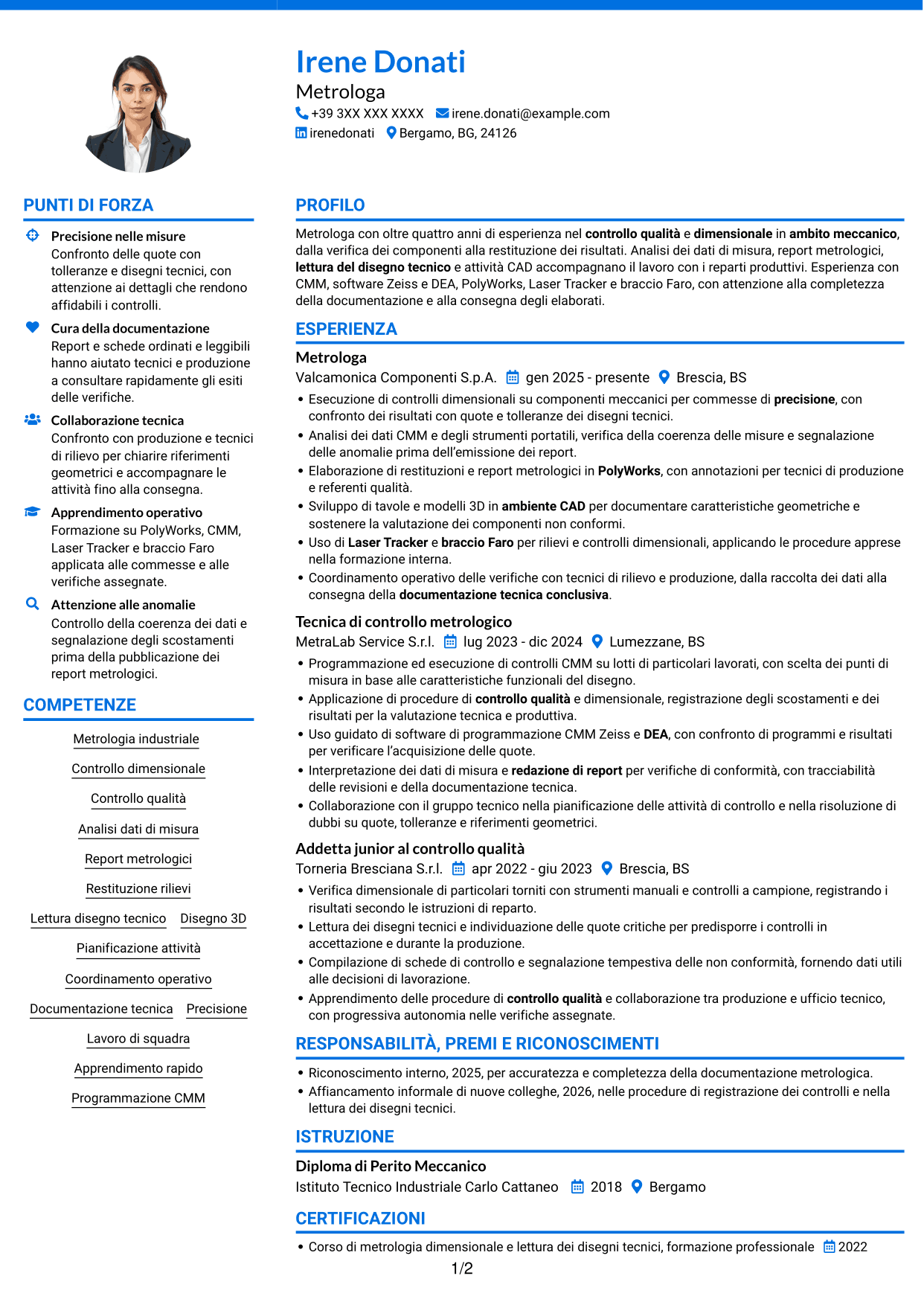CV Audace (formato a due colonne con accenti colorati e foto): Metrologo - Controllo dimensionale e rilievi 3D, pagina 1
