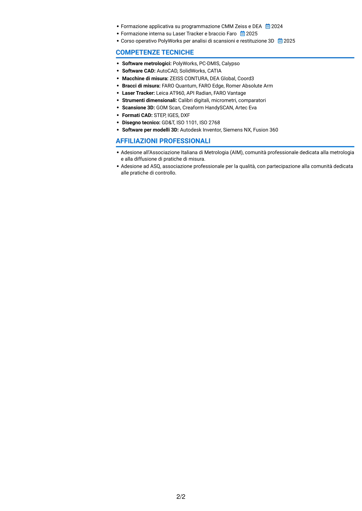 CV Audace (formato a due colonne con accenti colorati e foto): Metrologo - Controllo dimensionale e rilievi 3D, pagina 2