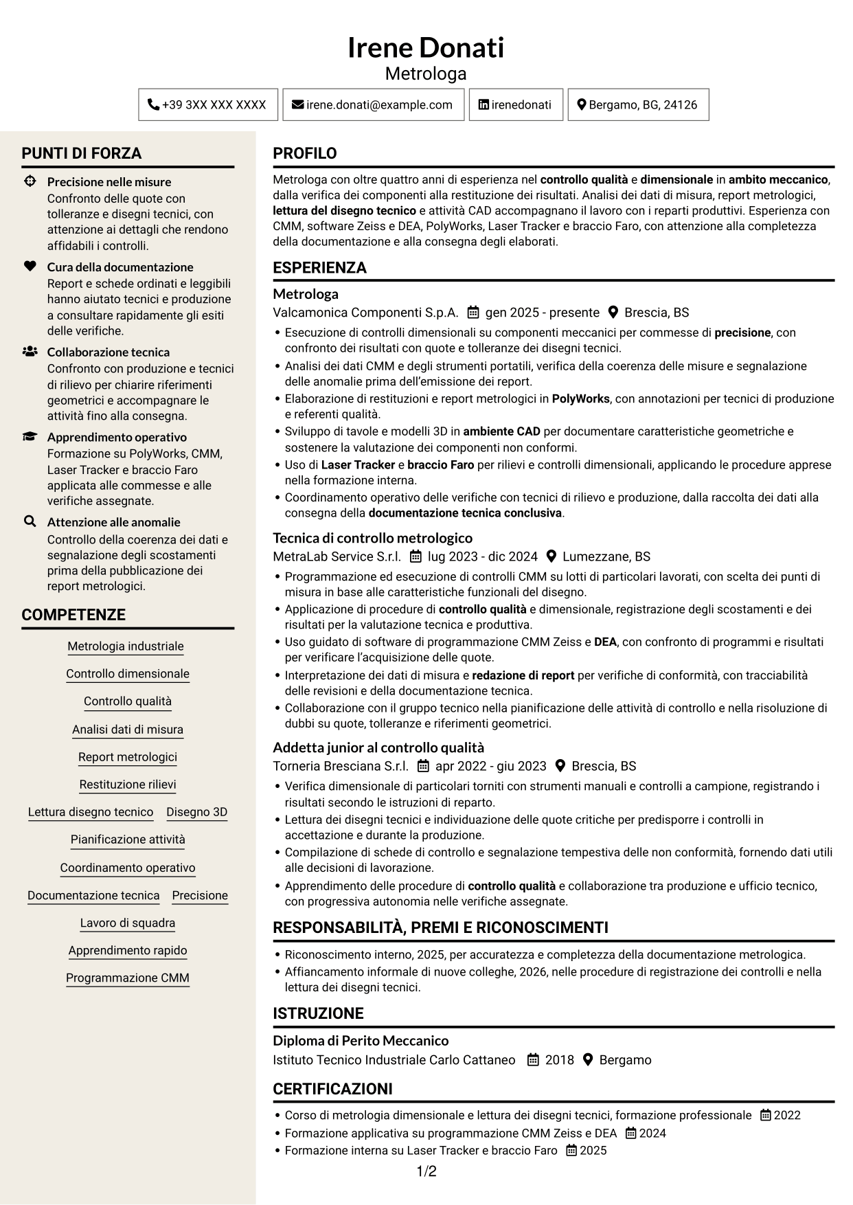 CV Intraprendente (formato a due colonne con intestazione centrata senza foto): Metrologo - Controllo dimensionale e rilievi 3D, pagina 1