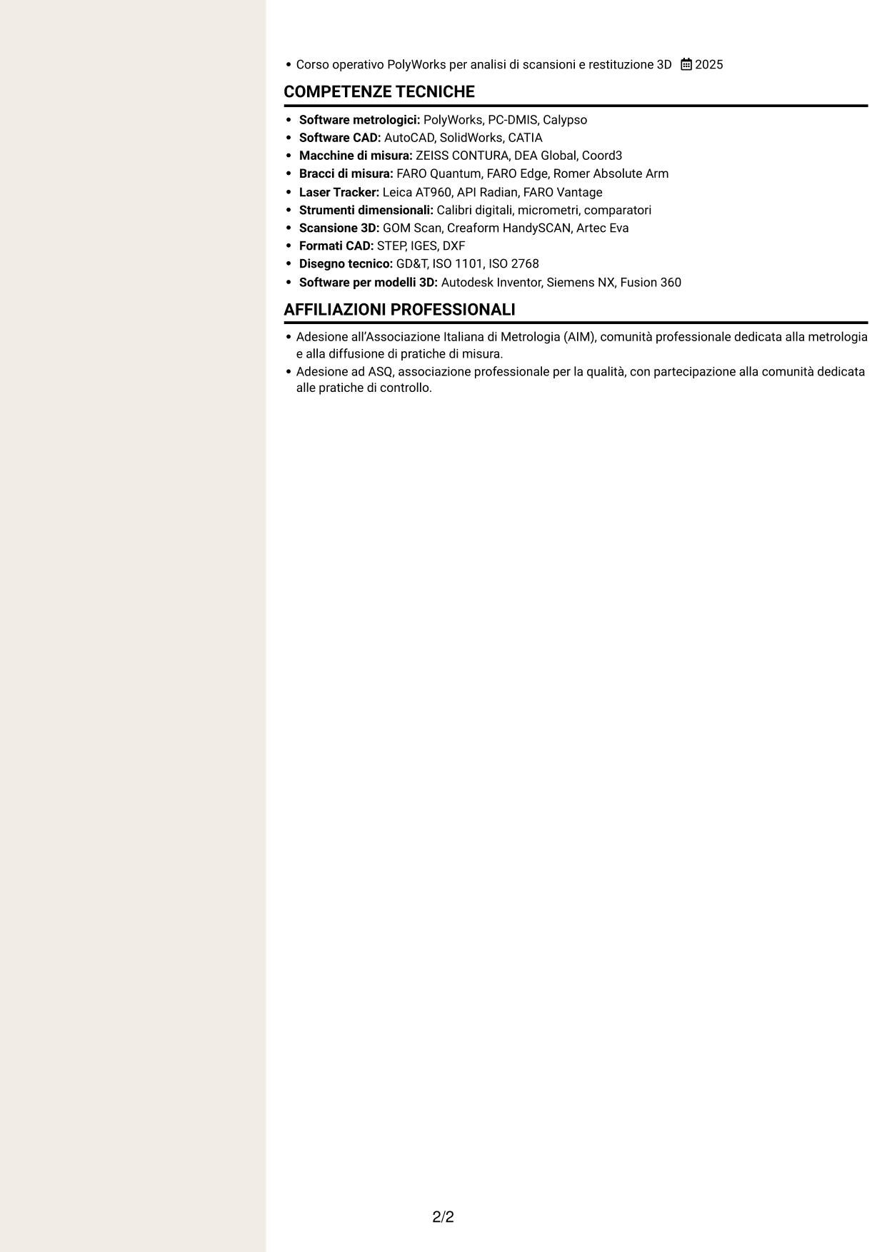 CV Intraprendente (formato a due colonne con intestazione centrata senza foto): Metrologo - Controllo dimensionale e rilievi 3D, pagina 2
