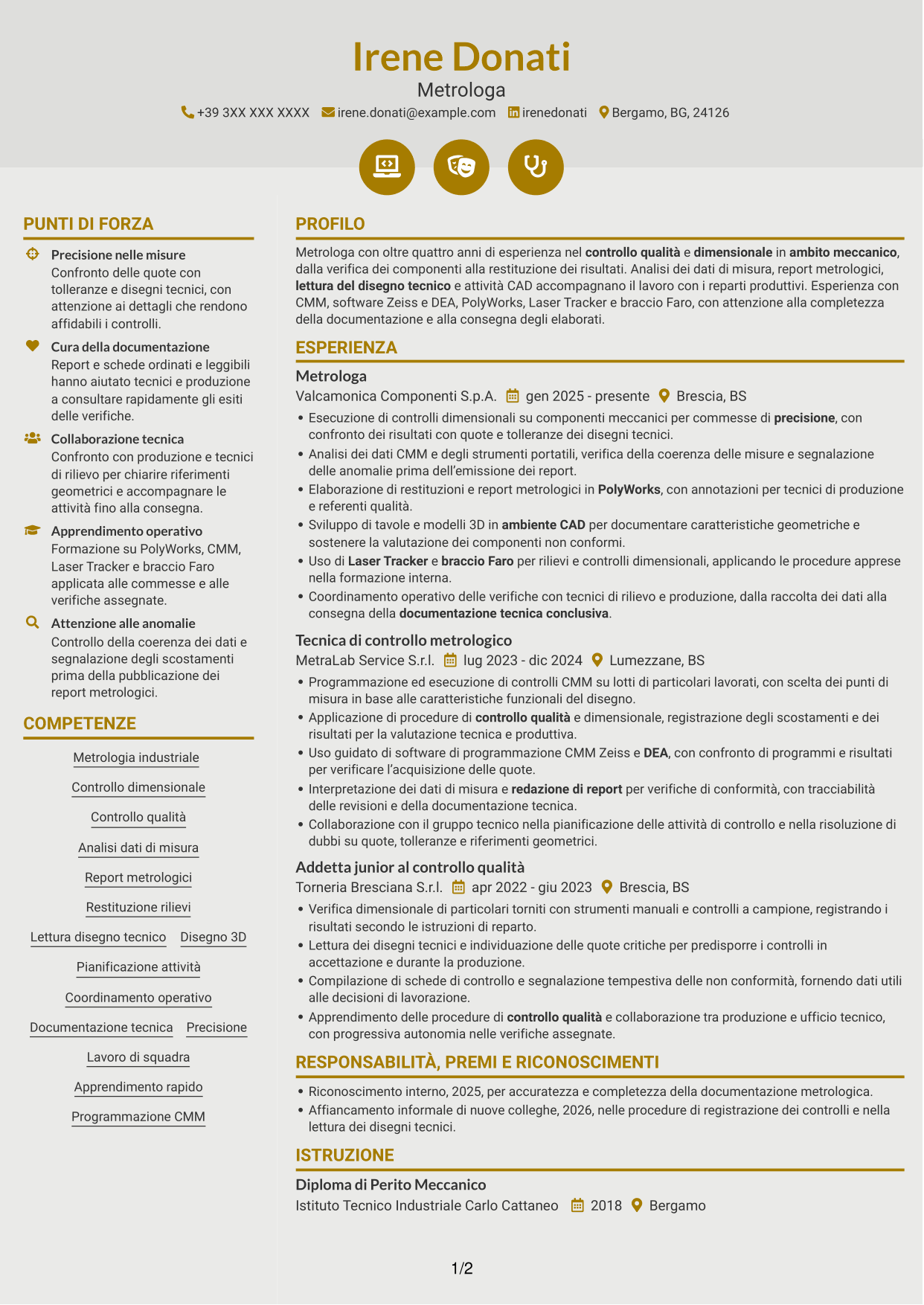 CV Dinamico (formato a due colonne con icone): Metrologo - Controllo dimensionale e rilievi 3D, pagina 1
