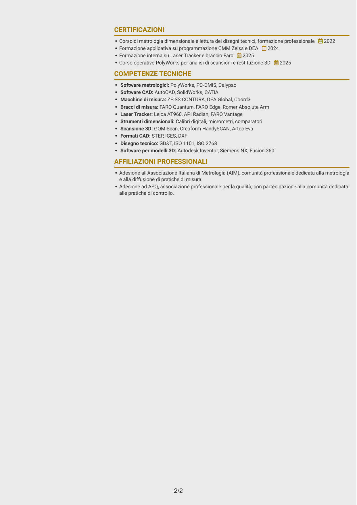 CV Dinamico (formato a due colonne con icone): Metrologo - Controllo dimensionale e rilievi 3D, pagina 2