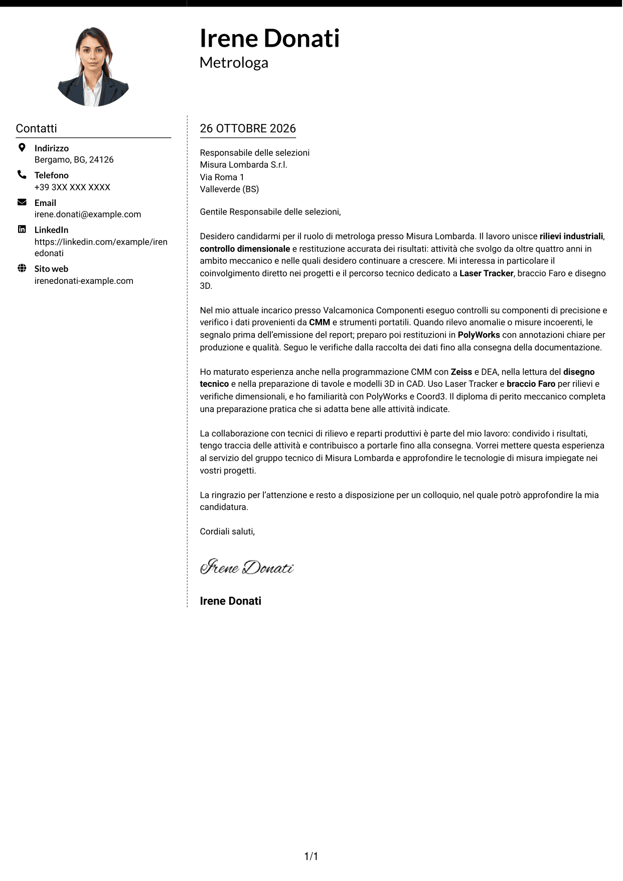 Lettera di presentazione Moderno (formato a due colonne con foto a sinistra e separatore): Metrologo - Controllo dimensionale e rilievi 3D, pagina 1