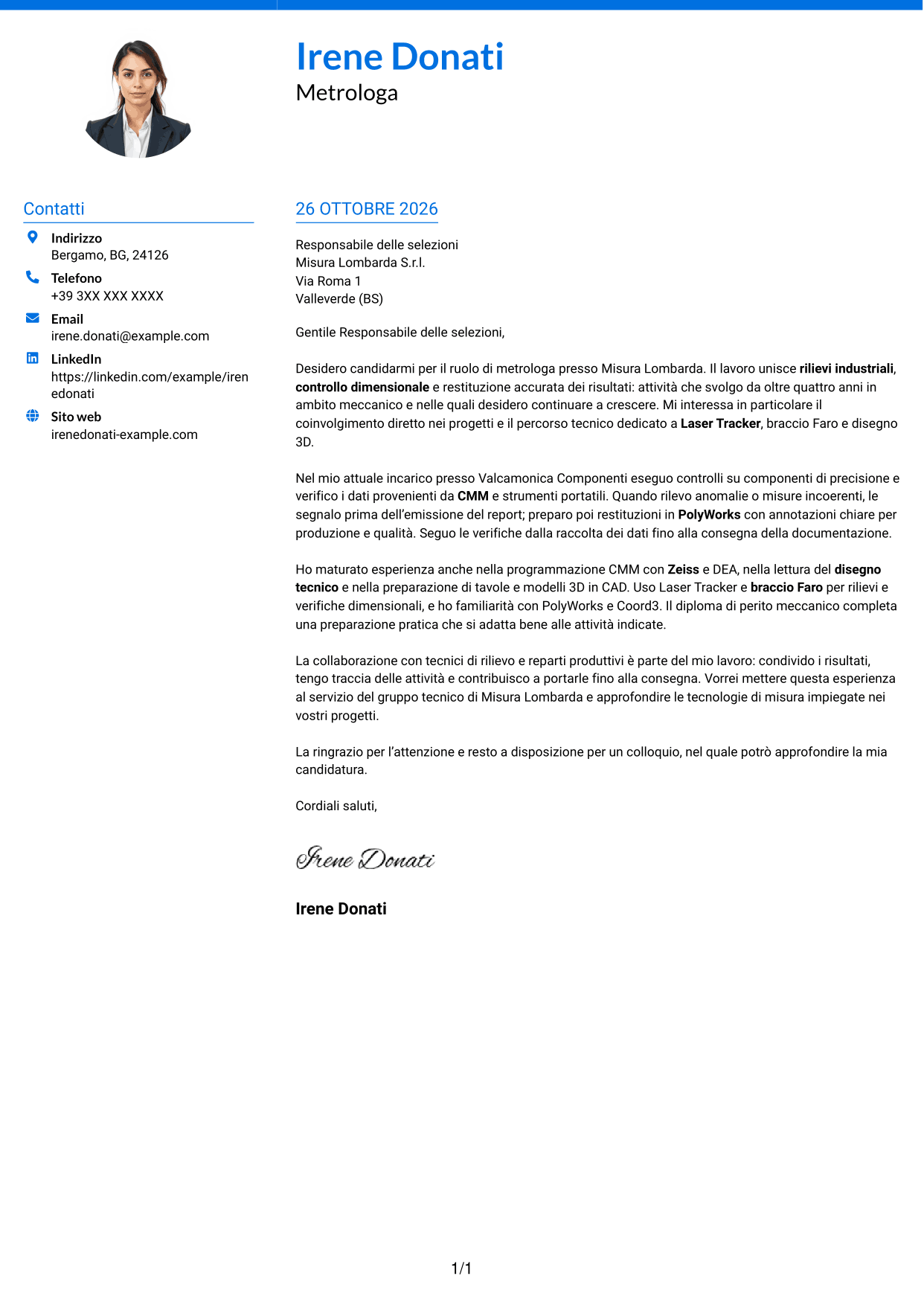 Lettera di presentazione Audace (formato a due colonne con accenti colorati e foto): Metrologo - Controllo dimensionale e rilievi 3D, pagina 1