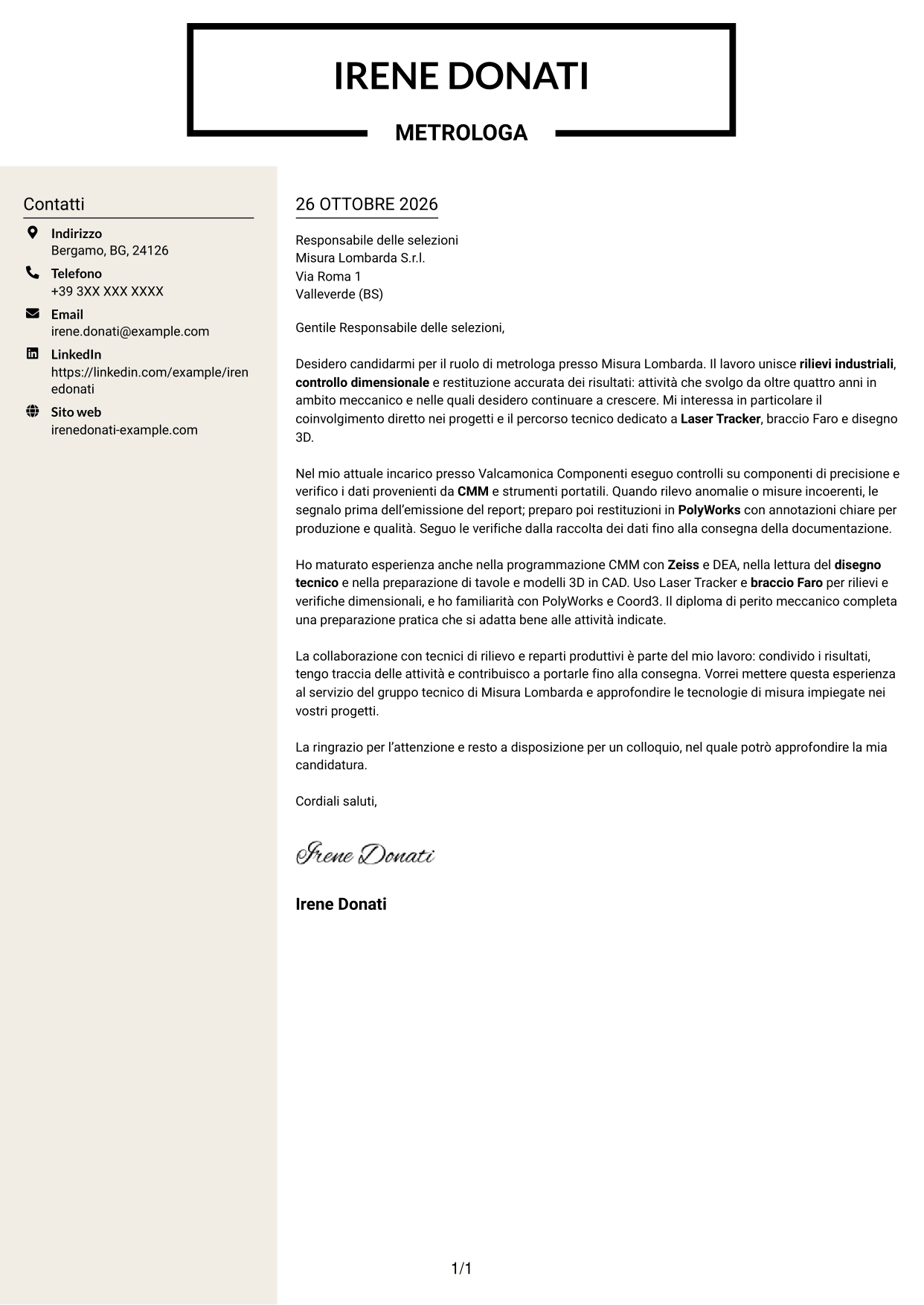 Lettera di presentazione Intraprendente (formato a due colonne con intestazione centrata senza foto): Metrologo - Controllo dimensionale e rilievi 3D, pagina 1