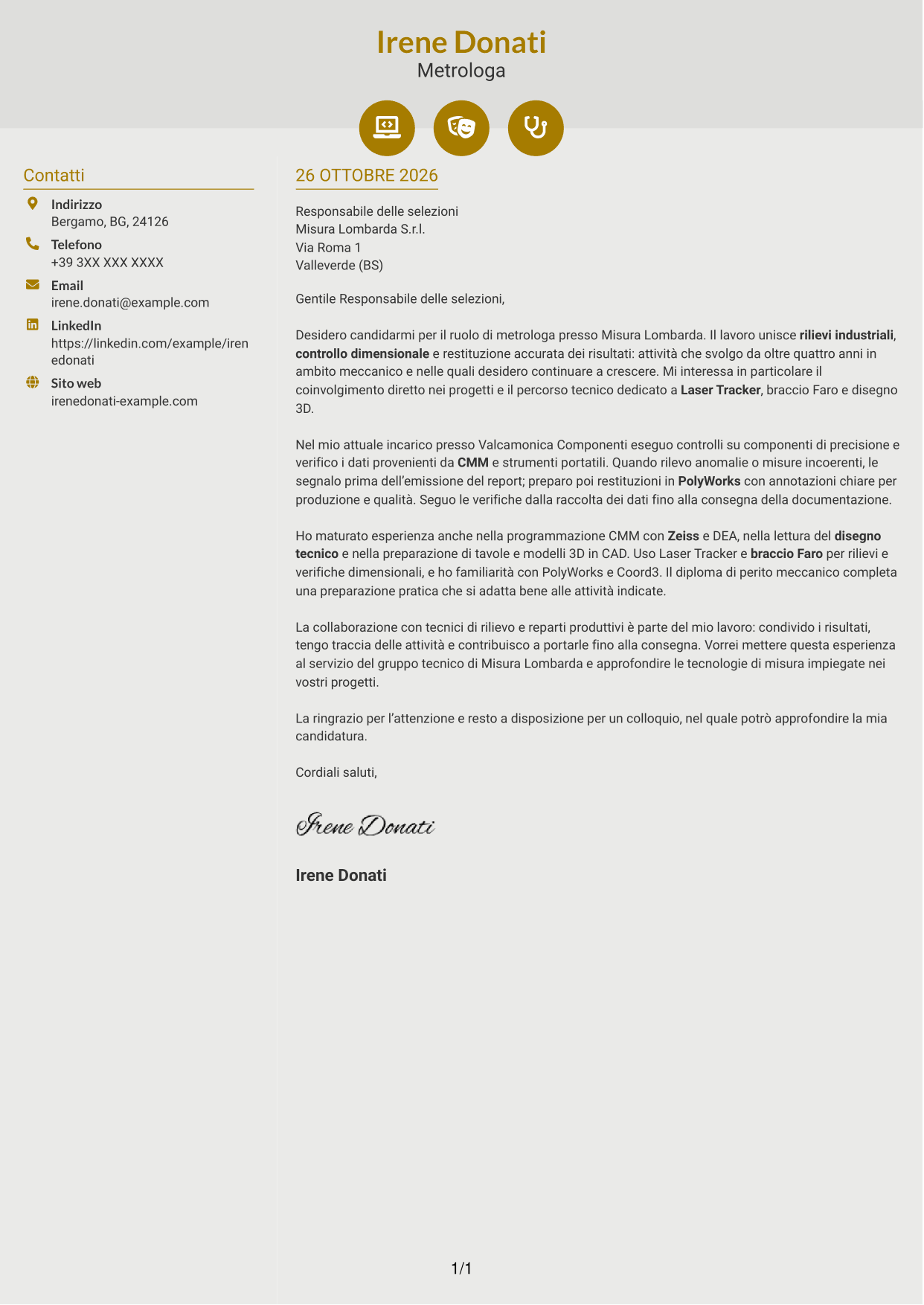 Lettera di presentazione Dinamico (formato a due colonne con icone): Metrologo - Controllo dimensionale e rilievi 3D, pagina 1