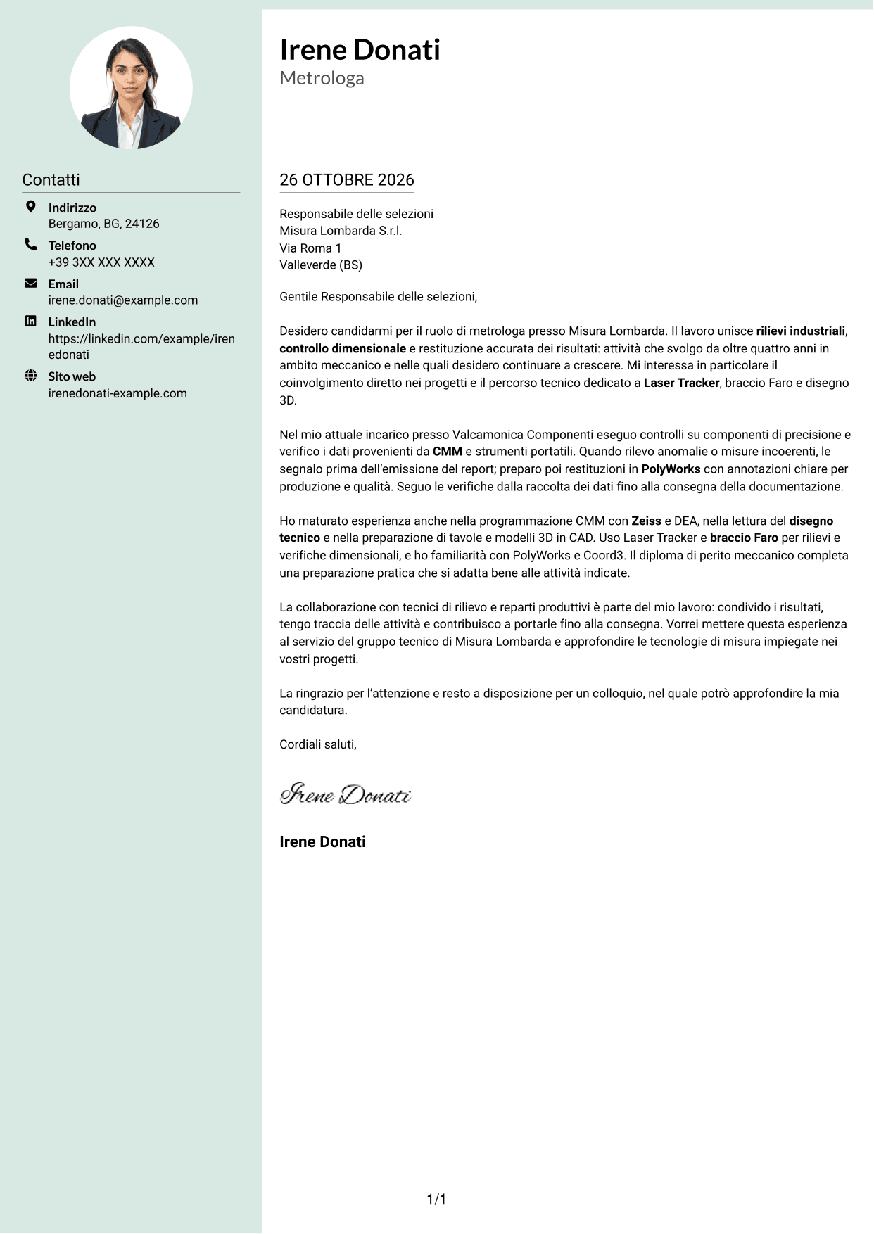 Lettera di presentazione Dirigente (formato con colonna laterale tenue e foto arrotondata): Metrologo - Controllo dimensionale e rilievi 3D, pagina 1