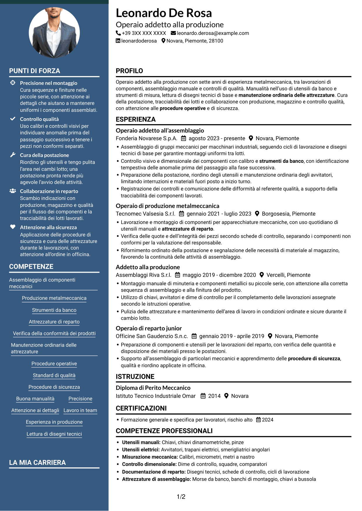 CV Elegante (formato con colonna laterale colorata e foto): Operaio addetto alla produzione - Assemblaggio meccanico, pagina 1
