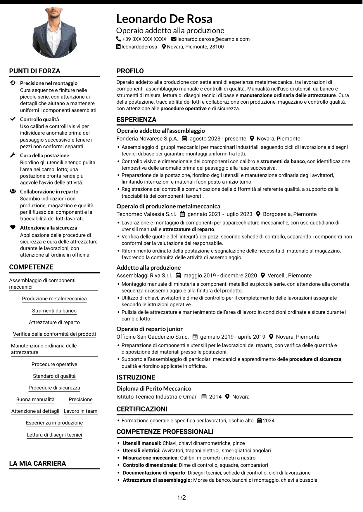 CV Moderno (formato a due colonne con foto a sinistra e separatore): Operaio addetto alla produzione - Assemblaggio meccanico, pagina 1
