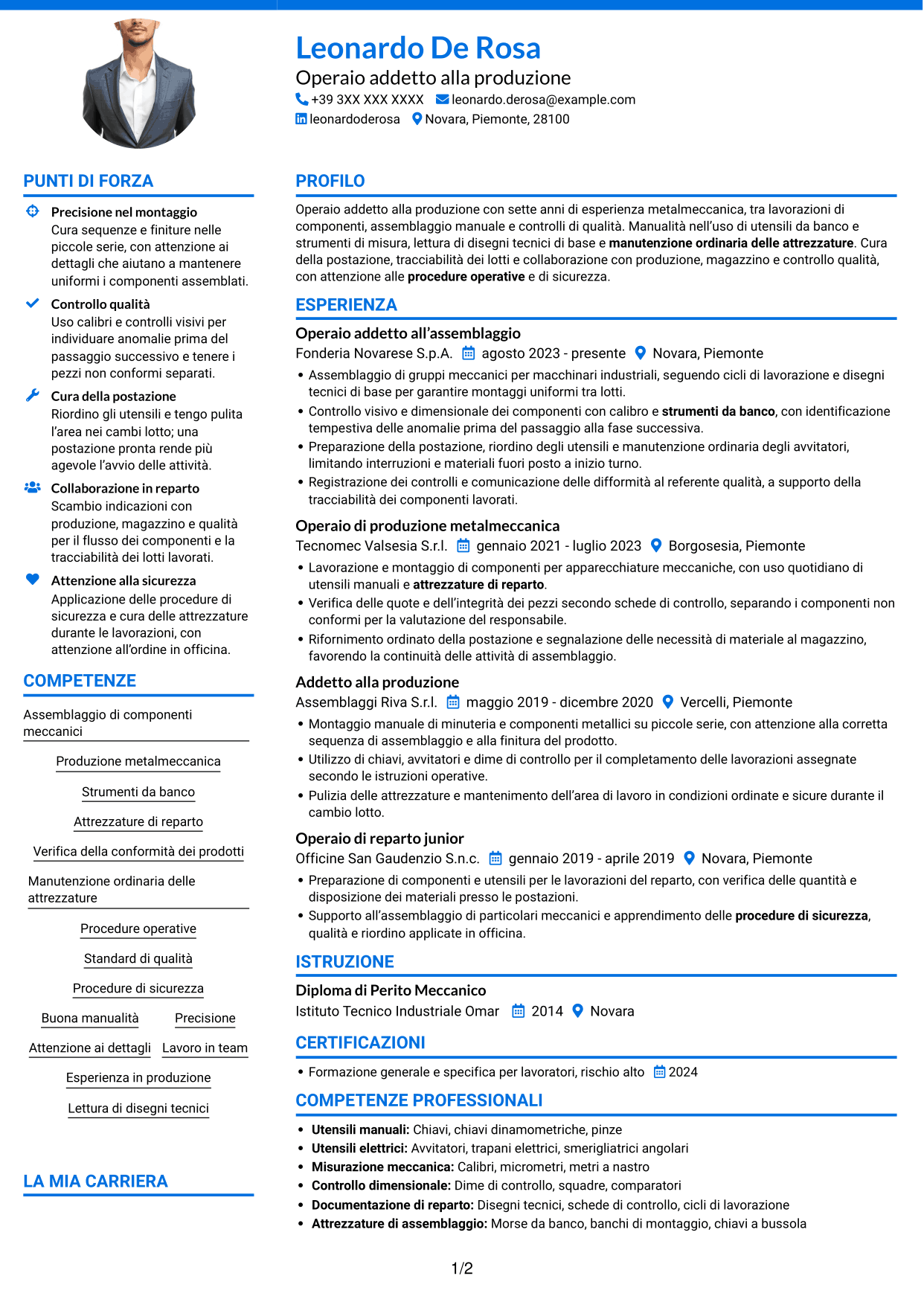 CV Audace (formato a due colonne con accenti colorati e foto): Operaio addetto alla produzione - Assemblaggio meccanico, pagina 1