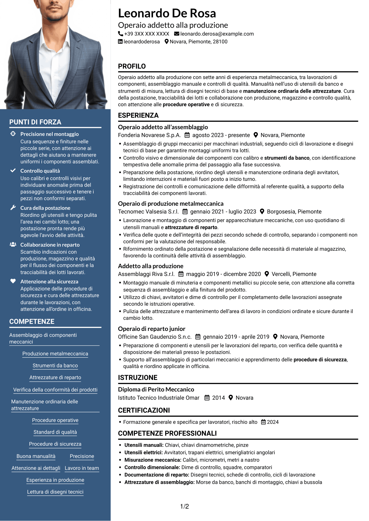 CV Signature (formato con colonna laterale colorata e foto grande): Operaio addetto alla produzione - Assemblaggio meccanico, pagina 1
