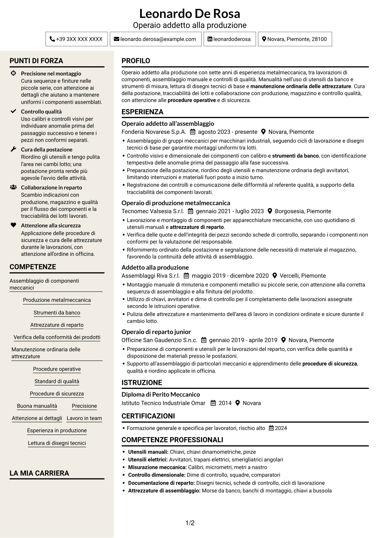 CV Intraprendente (formato a due colonne con intestazione centrata senza foto): Operaio addetto alla produzione - Assemblaggio meccanico, pagina 1