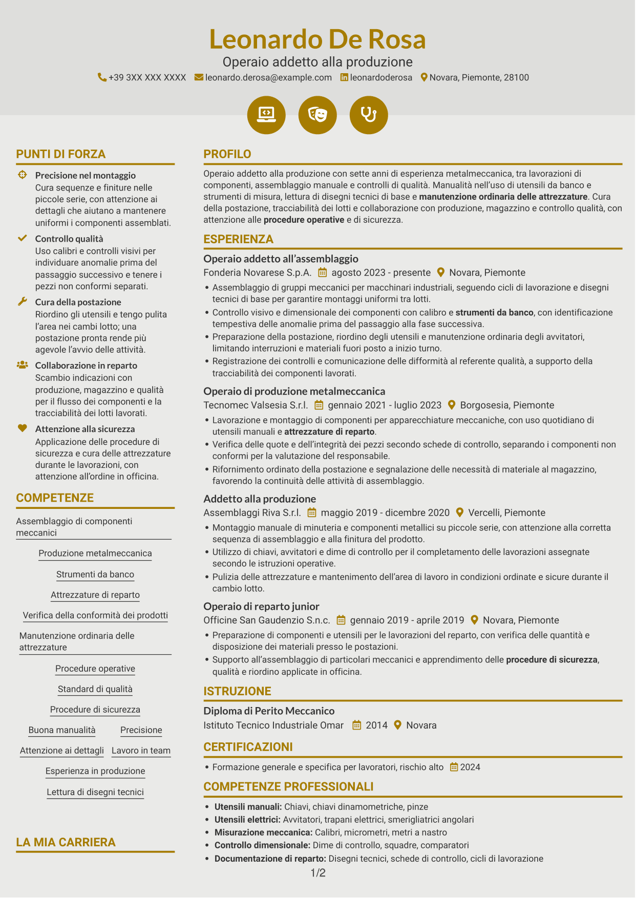 CV Dinamico (formato a due colonne con icone): Operaio addetto alla produzione - Assemblaggio meccanico, pagina 1