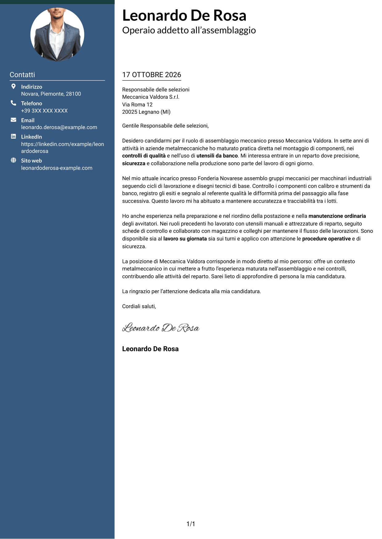 Lettera di presentazione Elegante (formato con colonna laterale colorata e foto): Operaio addetto alla produzione - Assemblaggio meccanico, pagina 1