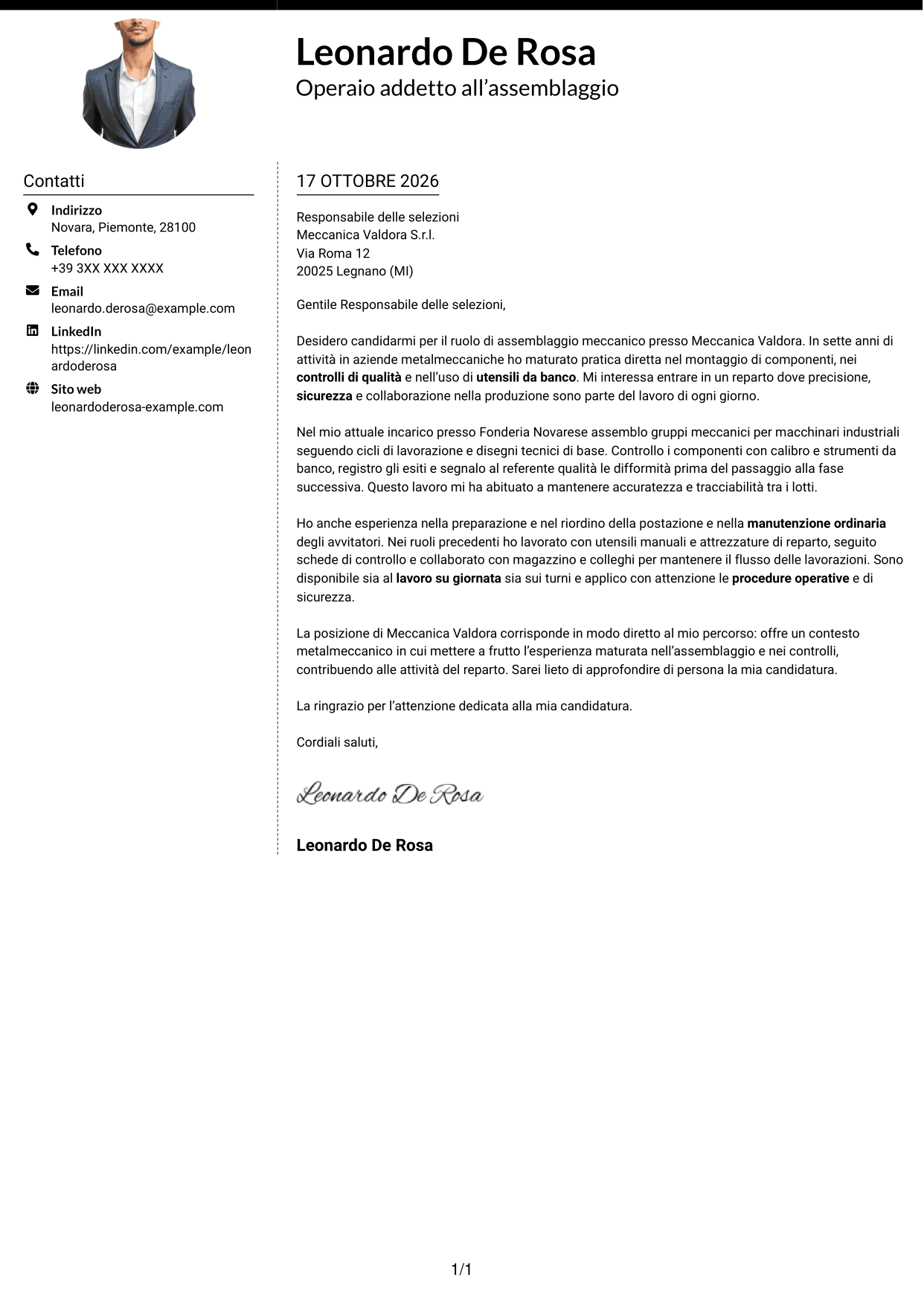 Lettera di presentazione Moderno (formato a due colonne con foto a sinistra e separatore): Operaio addetto alla produzione - Assemblaggio meccanico, pagina 1