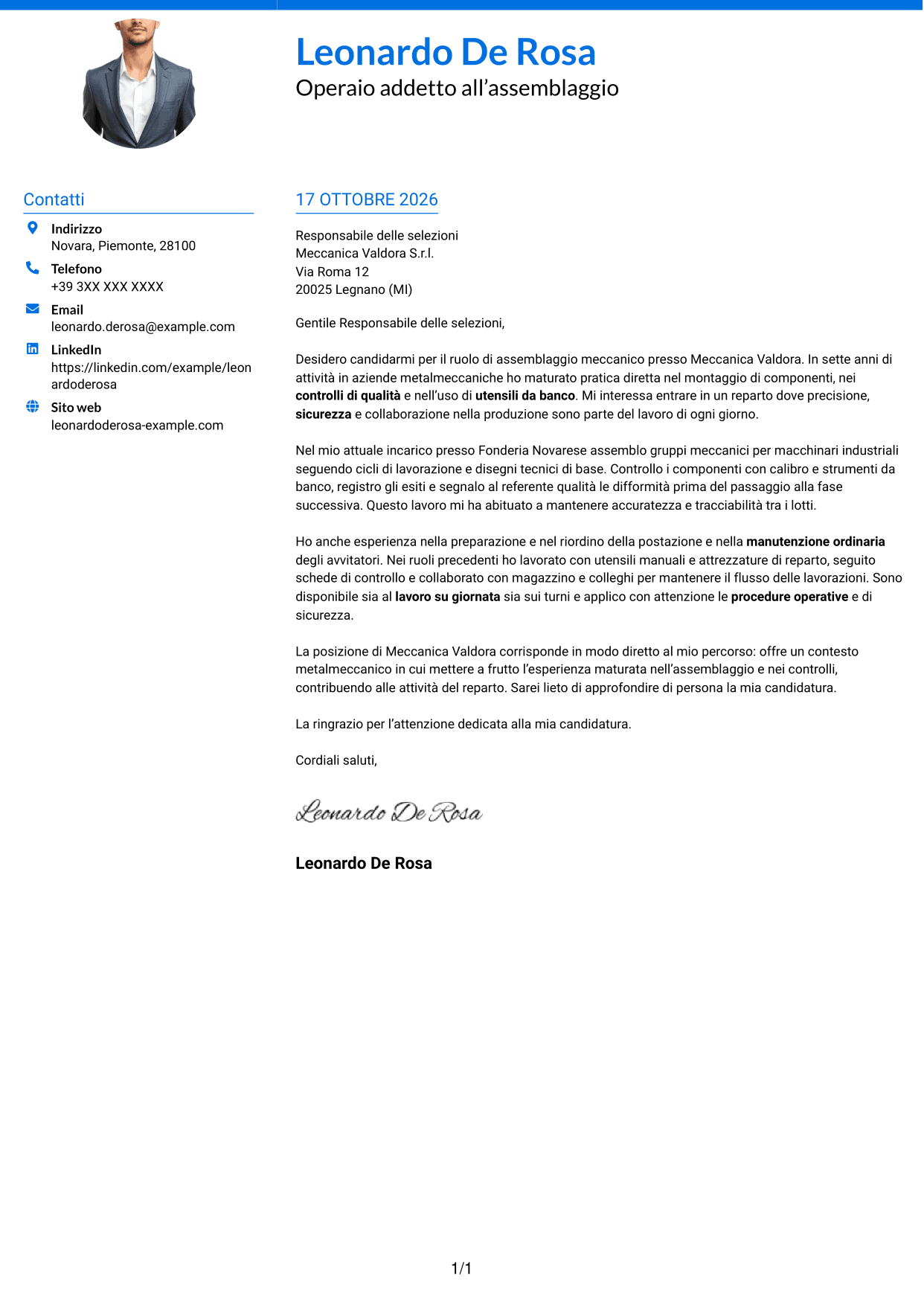 Lettera di presentazione Audace (formato a due colonne con accenti colorati e foto): Operaio addetto alla produzione - Assemblaggio meccanico, pagina 1