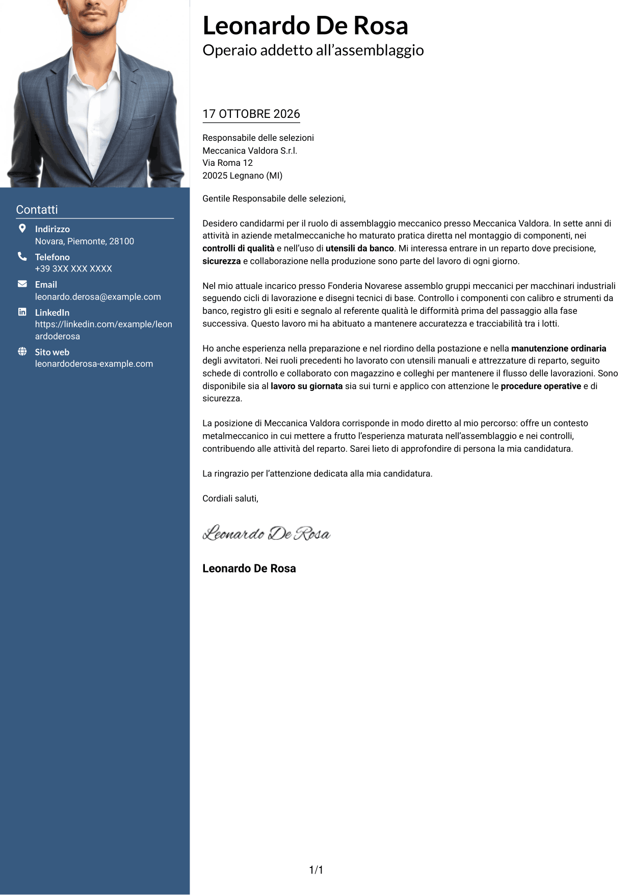 Lettera di presentazione Signature (formato con colonna laterale colorata e foto grande): Operaio addetto alla produzione - Assemblaggio meccanico, pagina 1