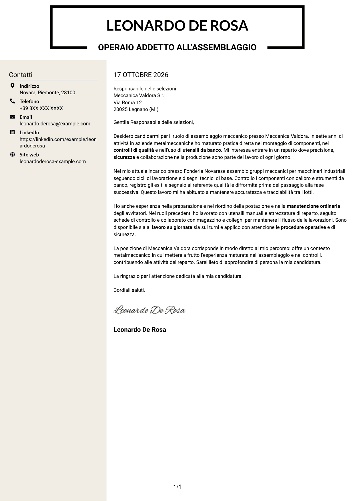 Lettera di presentazione Intraprendente (formato a due colonne con intestazione centrata senza foto): Operaio addetto alla produzione - Assemblaggio meccanico, pagina 1