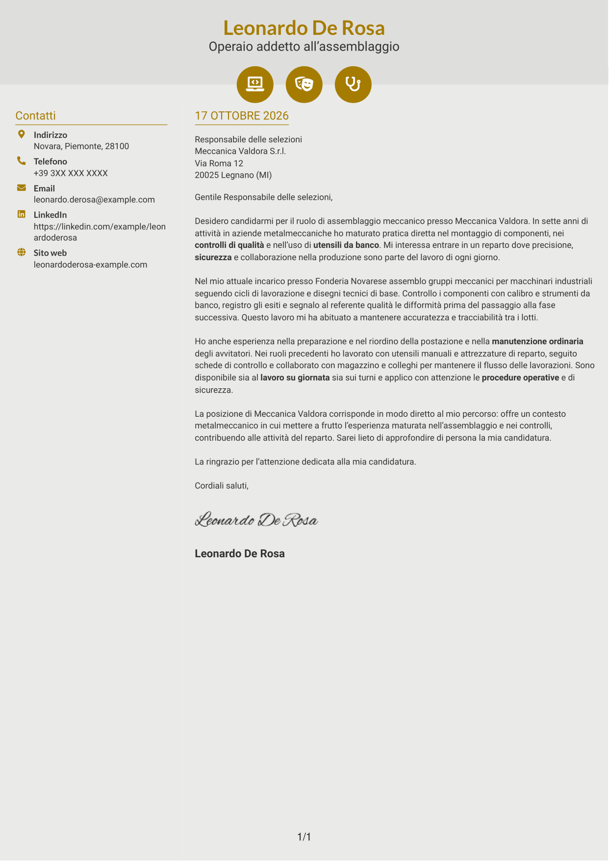 Lettera di presentazione Dinamico (formato a due colonne con icone): Operaio addetto alla produzione - Assemblaggio meccanico, pagina 1
