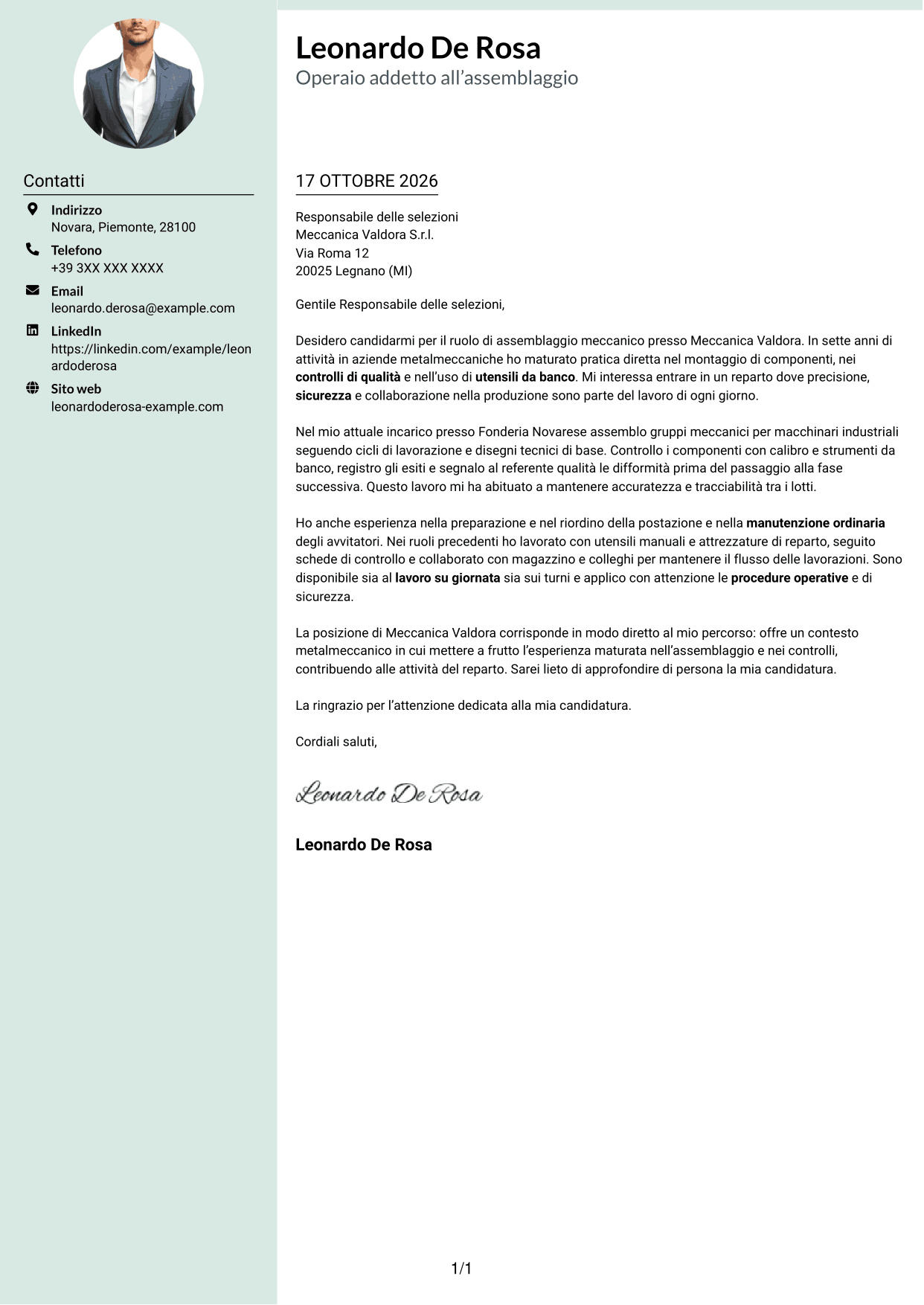 Lettera di presentazione Dirigente (formato con colonna laterale tenue e foto arrotondata): Operaio addetto alla produzione - Assemblaggio meccanico, pagina 1