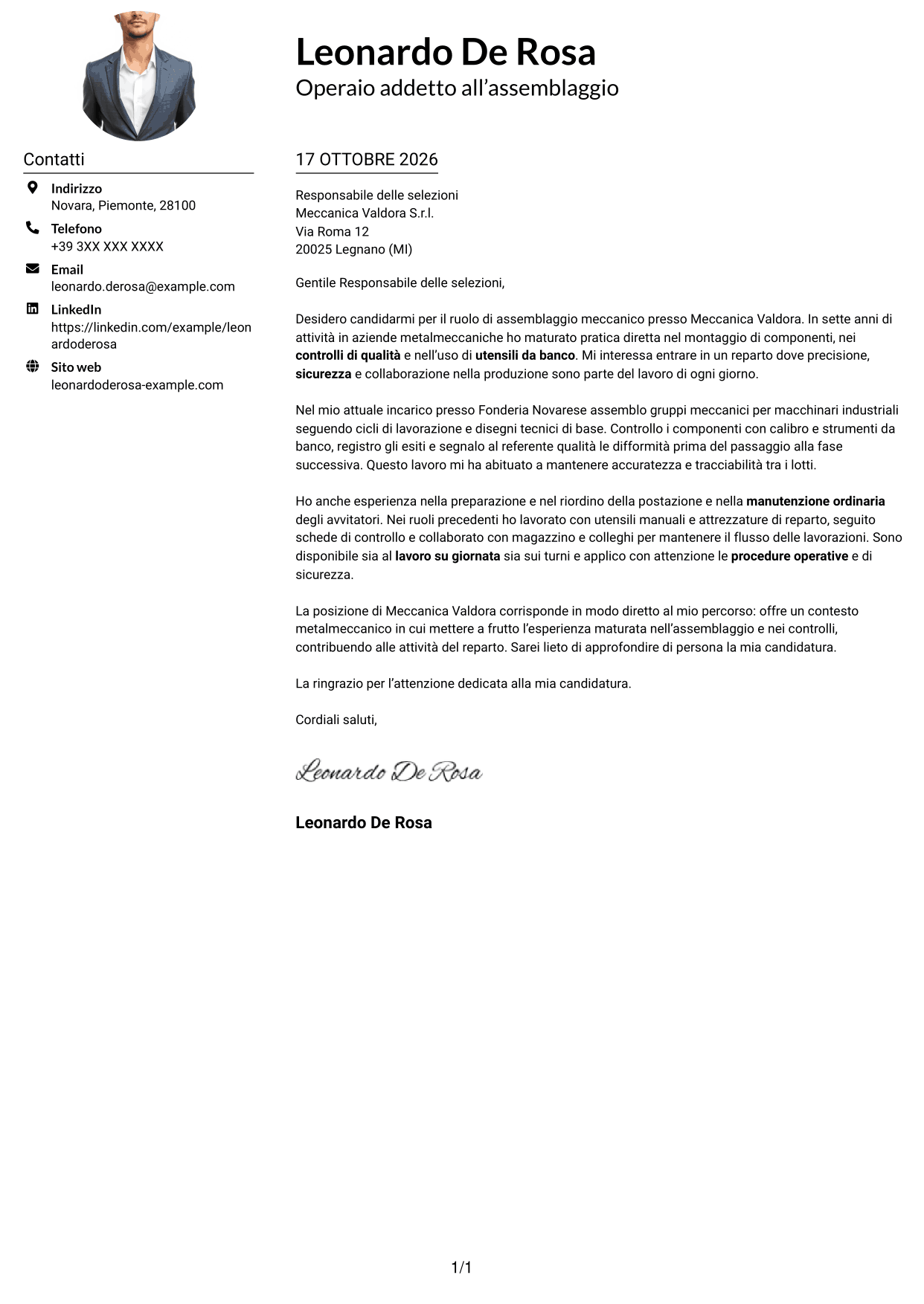 Esempio di lettera di presentazione — pagina 1