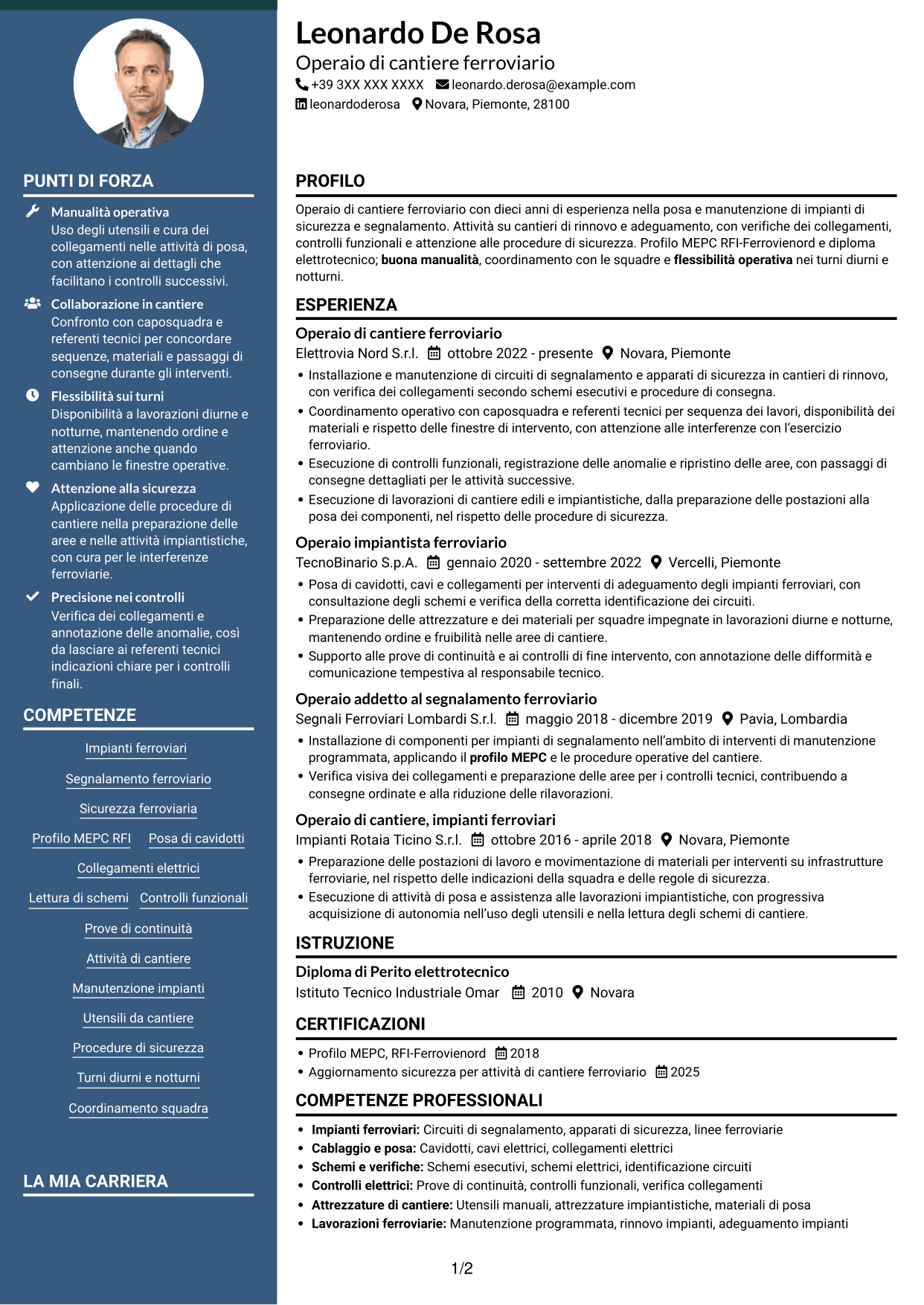 CV Elegante (formato con colonna laterale colorata e foto): Operaio di cantiere - Impianti di sicurezza e segnalamento ferroviario, pagina 1