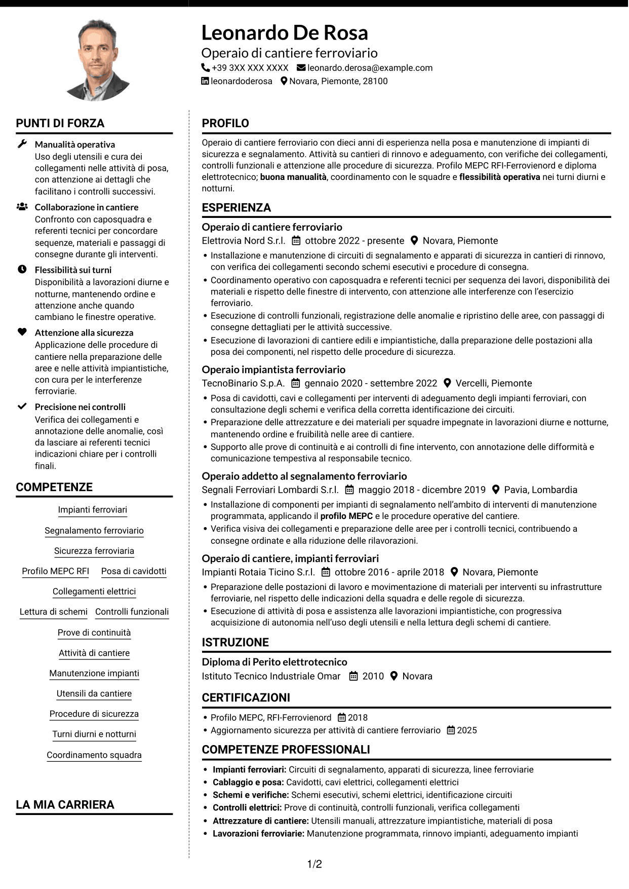 CV Moderno (formato a due colonne con foto a sinistra e separatore): Operaio di cantiere - Impianti di sicurezza e segnalamento ferroviario, pagina 1