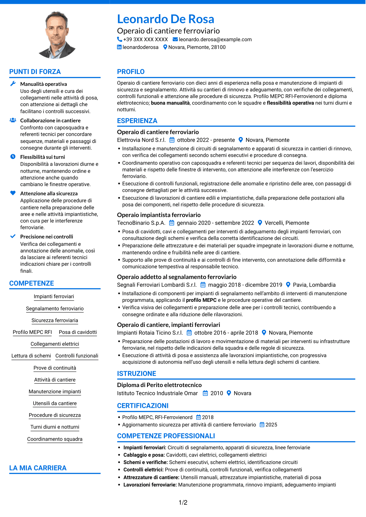 CV Audace (formato a due colonne con accenti colorati e foto): Operaio di cantiere - Impianti di sicurezza e segnalamento ferroviario, pagina 1