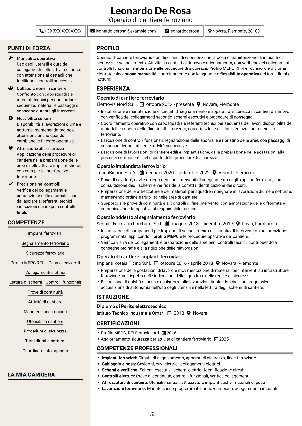 CV Intraprendente (formato a due colonne con intestazione centrata senza foto): Operaio di cantiere - Impianti di sicurezza e segnalamento ferroviario, pagina 1