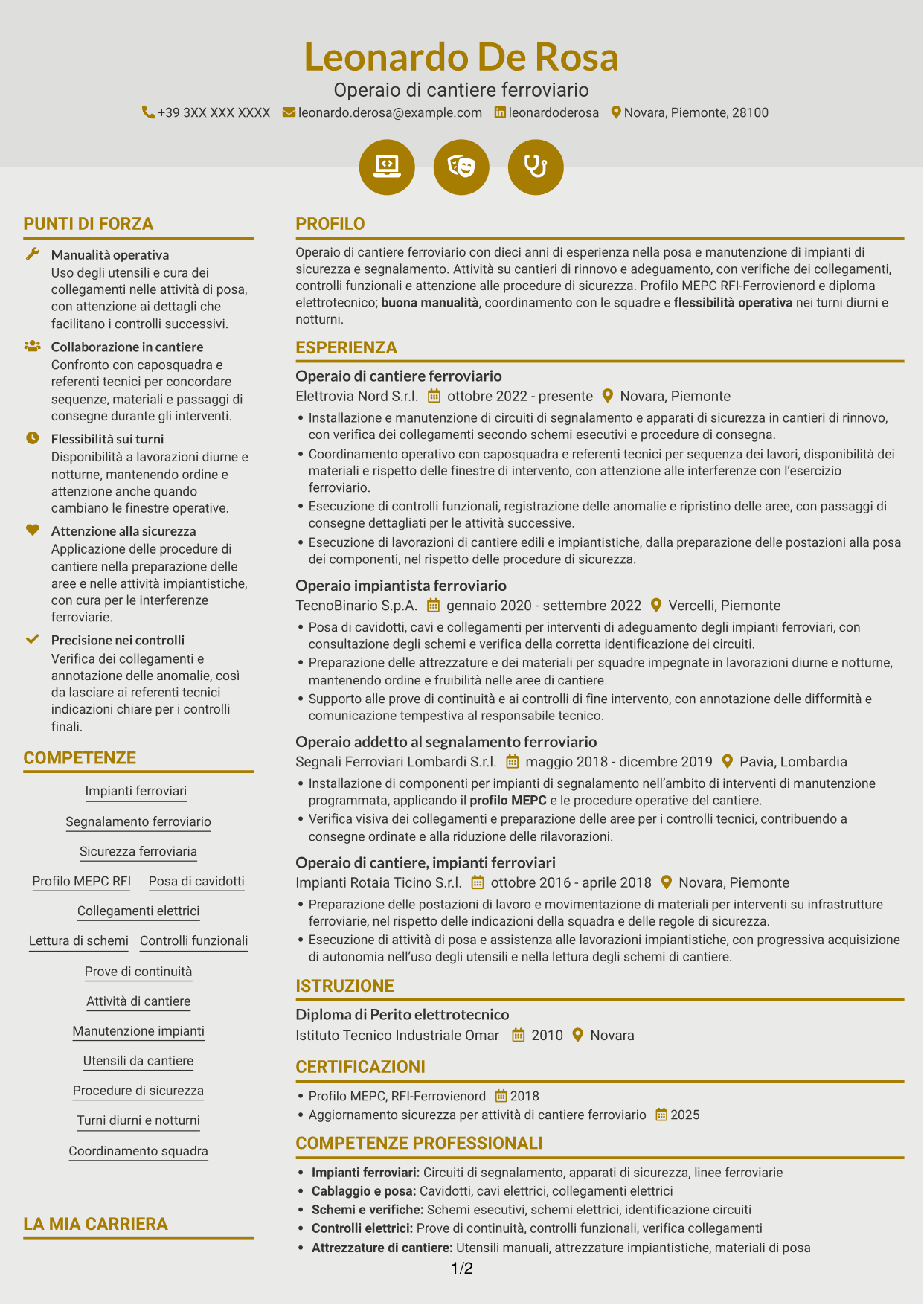 CV Dinamico (formato a due colonne con icone): Operaio di cantiere - Impianti di sicurezza e segnalamento ferroviario, pagina 1