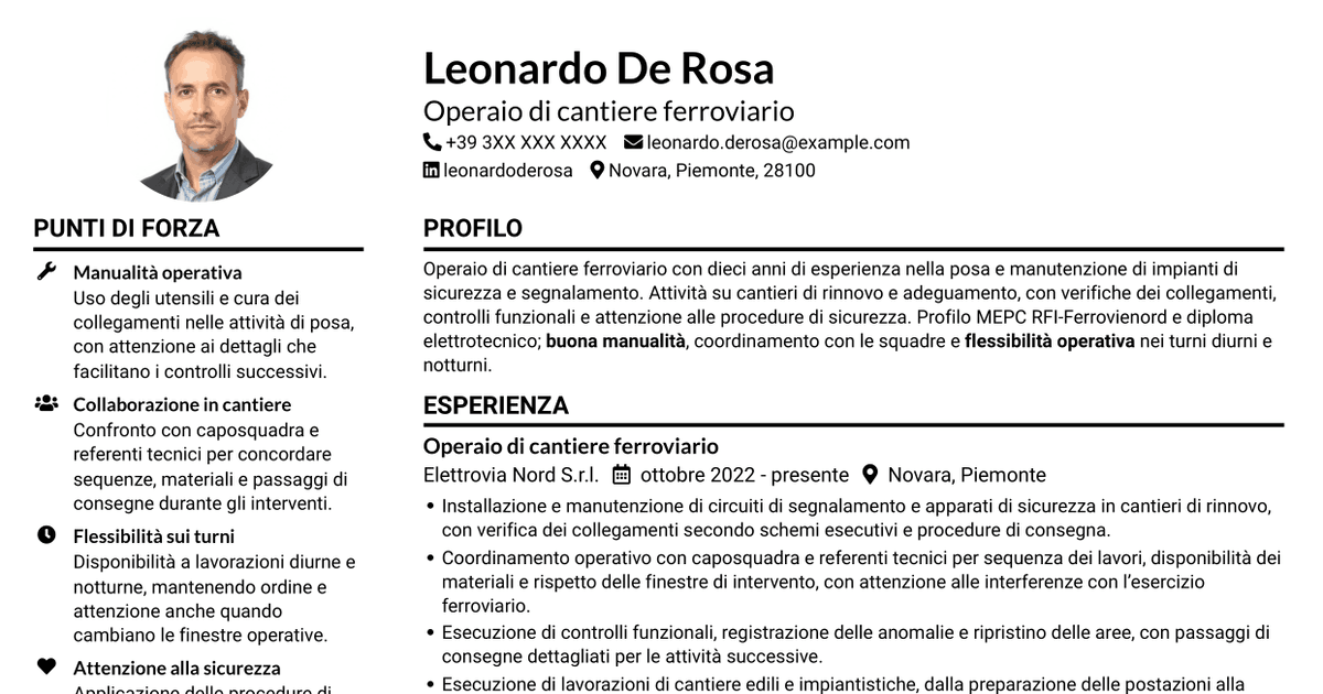 7 modelli di CV per Operaio di cantiere - Impianti di sicurezza e segnalamento ferroviario, con esempi