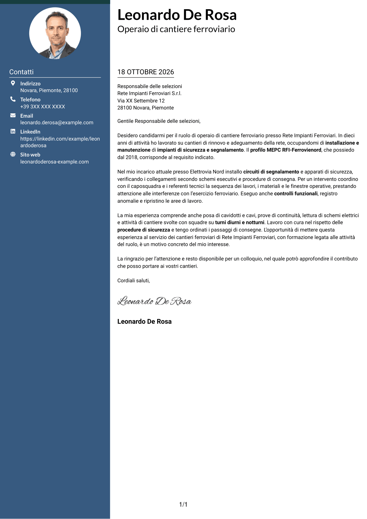 Lettera di presentazione Elegante (formato con colonna laterale colorata e foto): Operaio di cantiere - Impianti di sicurezza e segnalamento ferroviario, pagina 1