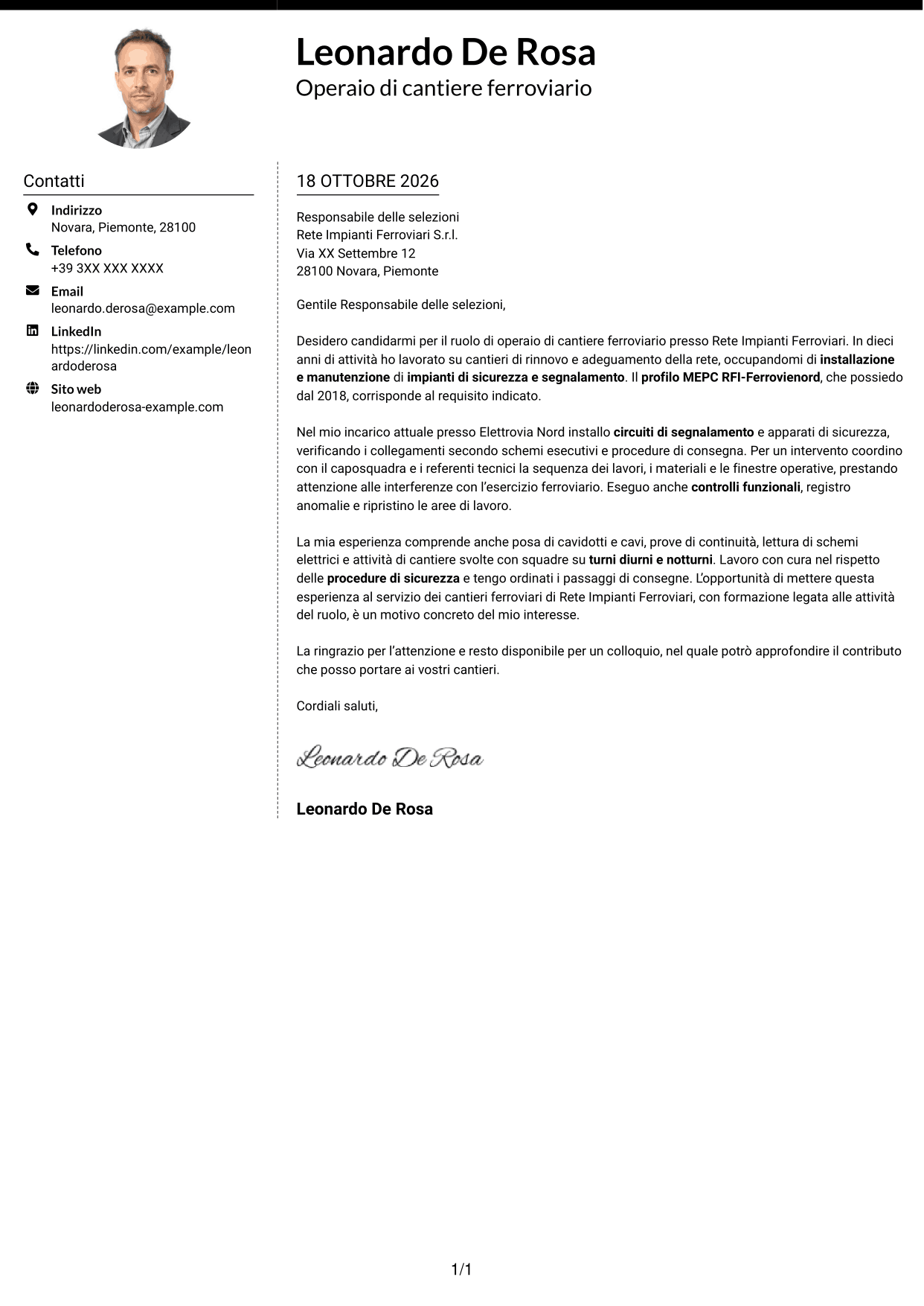 Lettera di presentazione Moderno (formato a due colonne con foto a sinistra e separatore): Operaio di cantiere - Impianti di sicurezza e segnalamento ferroviario, pagina 1