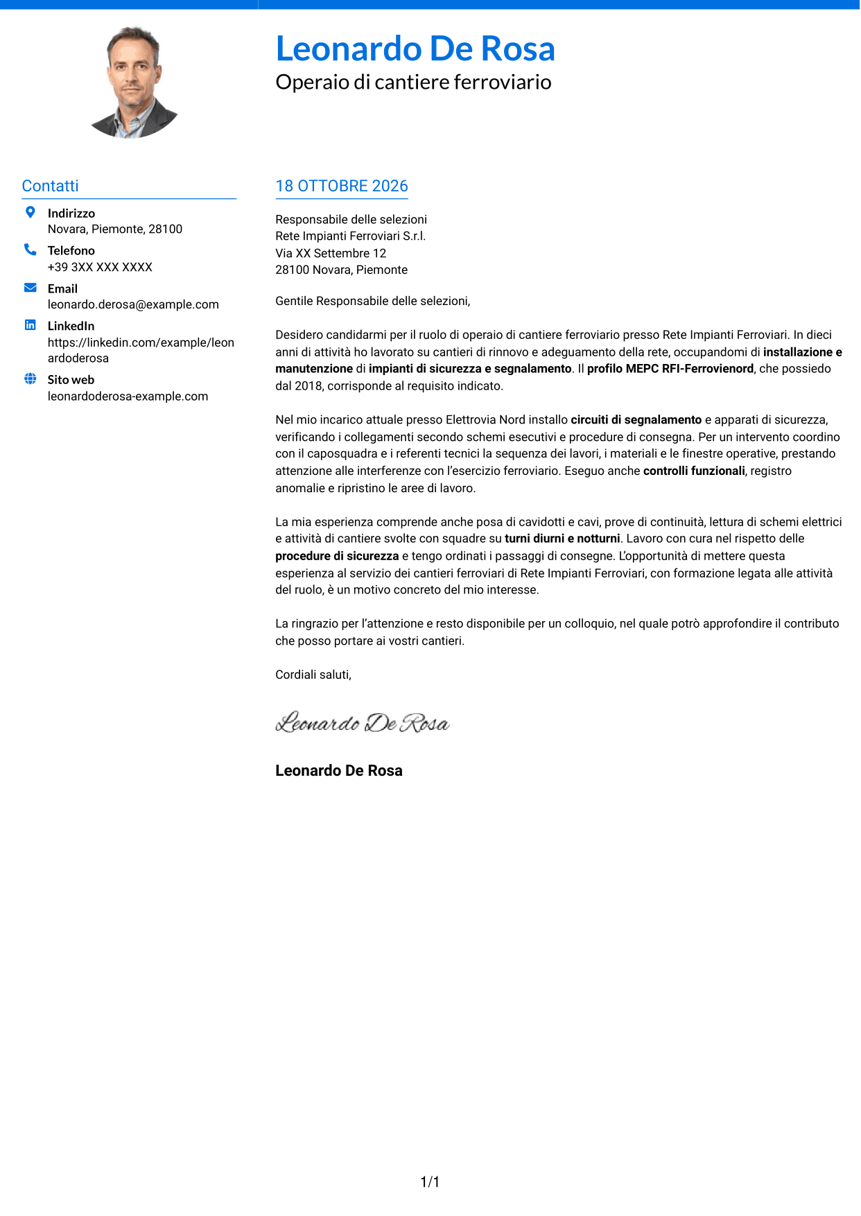 Lettera di presentazione Audace (formato a due colonne con accenti colorati e foto): Operaio di cantiere - Impianti di sicurezza e segnalamento ferroviario, pagina 1