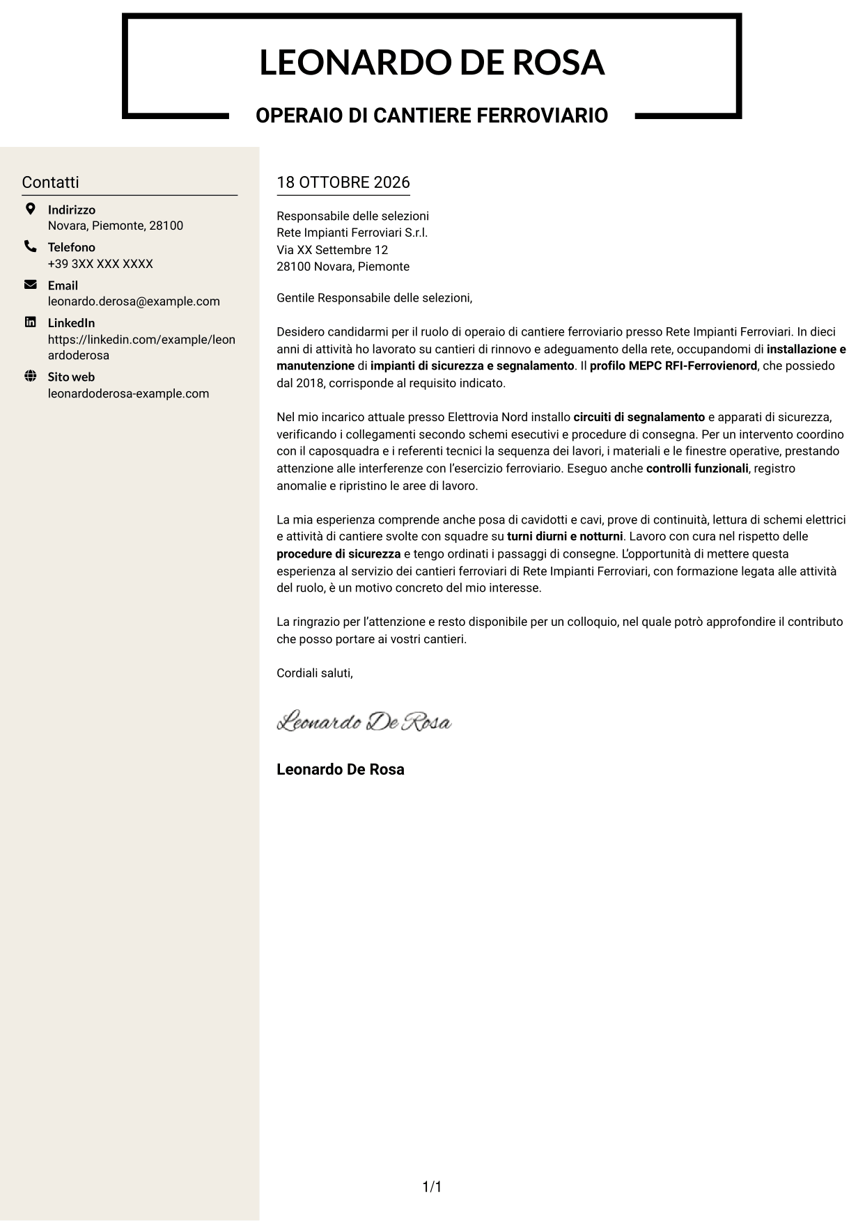 Lettera di presentazione Intraprendente (formato a due colonne con intestazione centrata senza foto): Operaio di cantiere - Impianti di sicurezza e segnalamento ferroviario, pagina 1