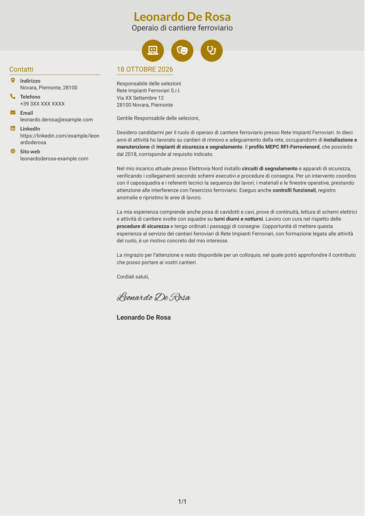 Lettera di presentazione Dinamico (formato a due colonne con icone): Operaio di cantiere - Impianti di sicurezza e segnalamento ferroviario, pagina 1