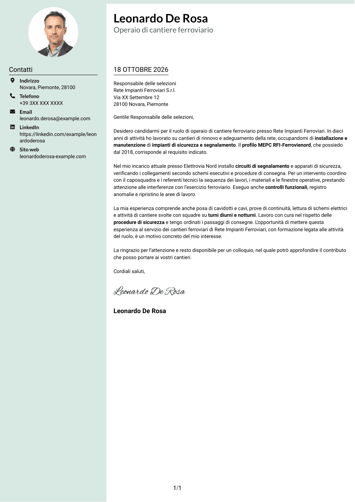 Lettera di presentazione Dirigente (formato con colonna laterale tenue e foto arrotondata): Operaio di cantiere - Impianti di sicurezza e segnalamento ferroviario, pagina 1