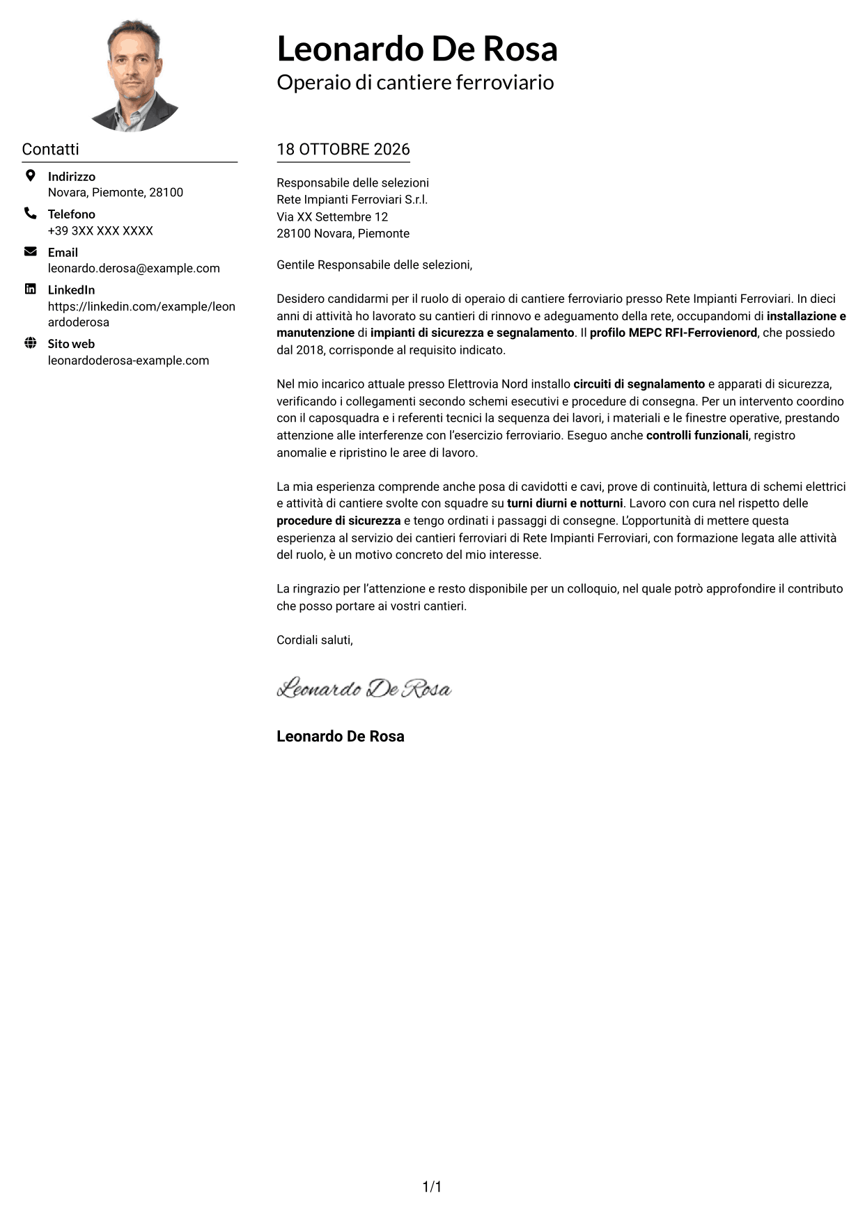 Esempio di lettera di presentazione — pagina 1