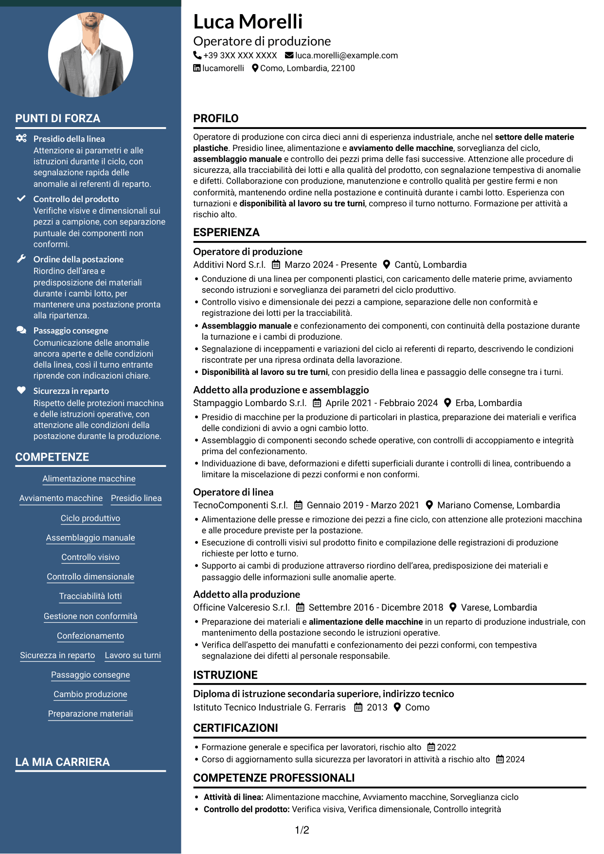 CV Elegante (formato con colonna laterale colorata e foto): Operaio di produzione - Assemblaggio e controllo qualità, pagina 1