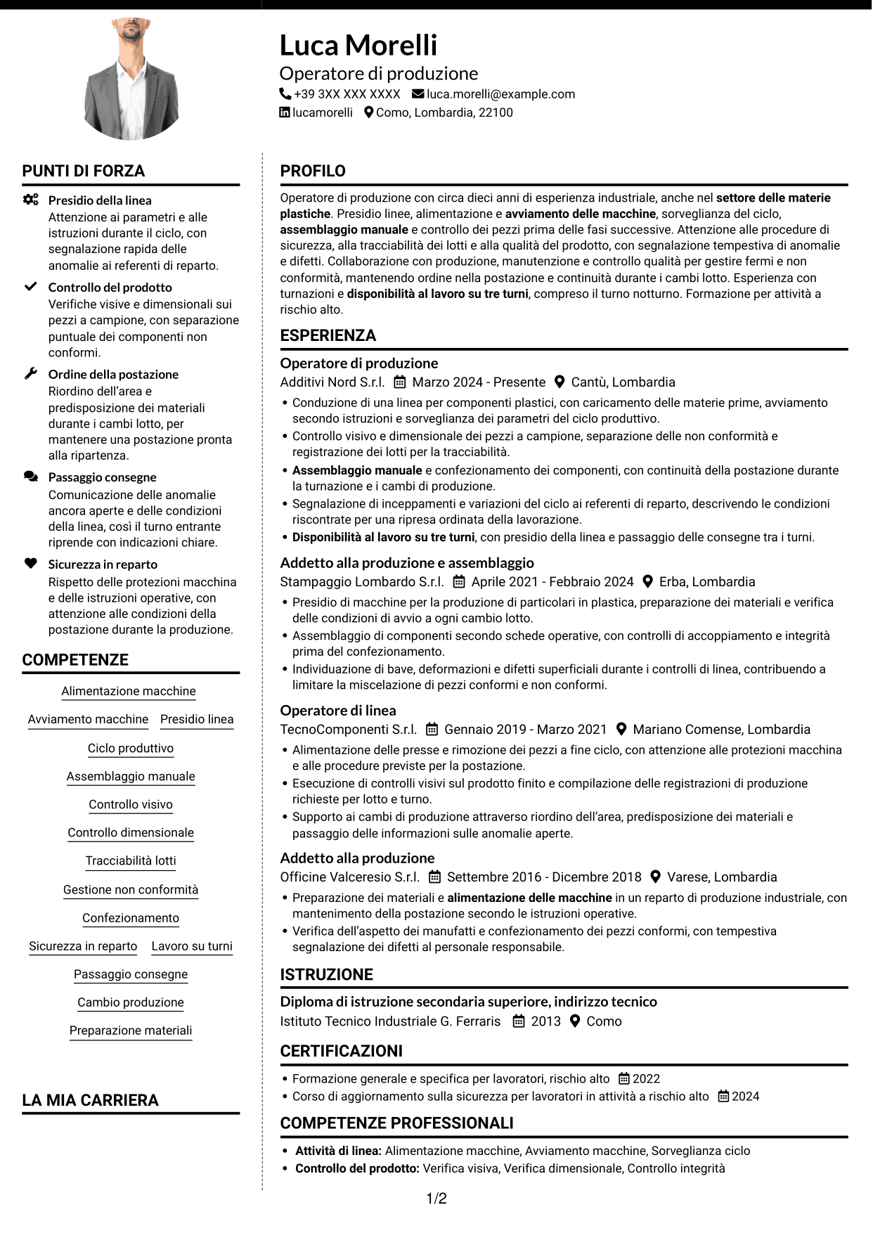 CV Moderno (formato a due colonne con foto a sinistra e separatore): Operaio di produzione - Assemblaggio e controllo qualità, pagina 1