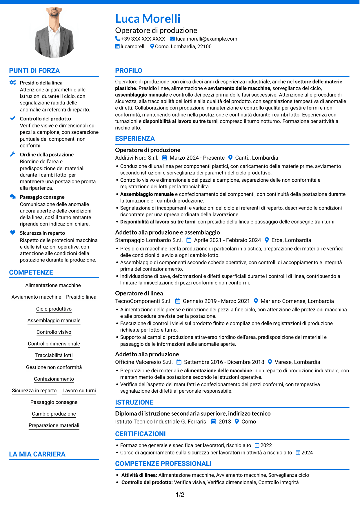 CV Audace (formato a due colonne con accenti colorati e foto): Operaio di produzione - Assemblaggio e controllo qualità, pagina 1