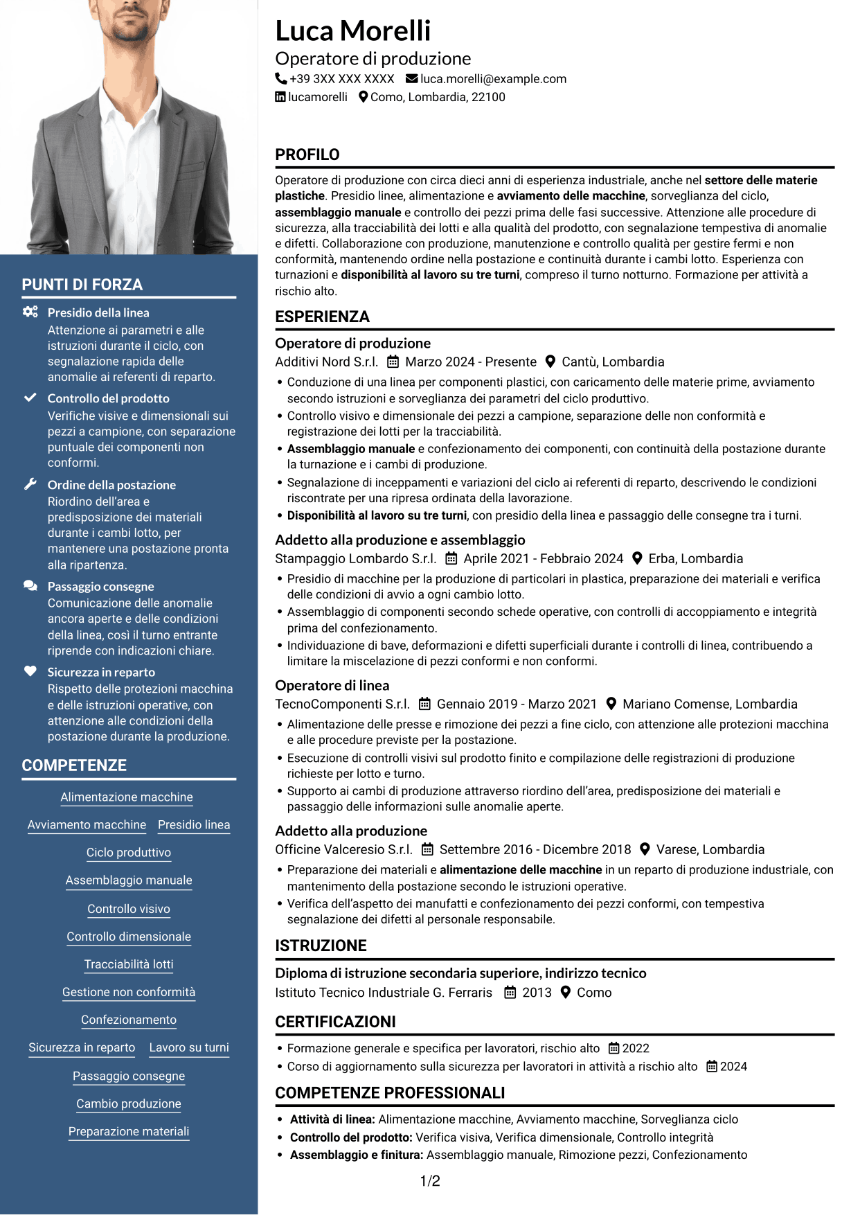 CV Signature (formato con colonna laterale colorata e foto grande): Operaio di produzione - Assemblaggio e controllo qualità, pagina 1