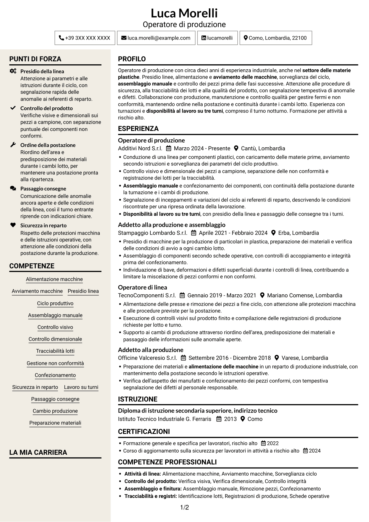 CV Intraprendente (formato a due colonne con intestazione centrata senza foto): Operaio di produzione - Assemblaggio e controllo qualità, pagina 1