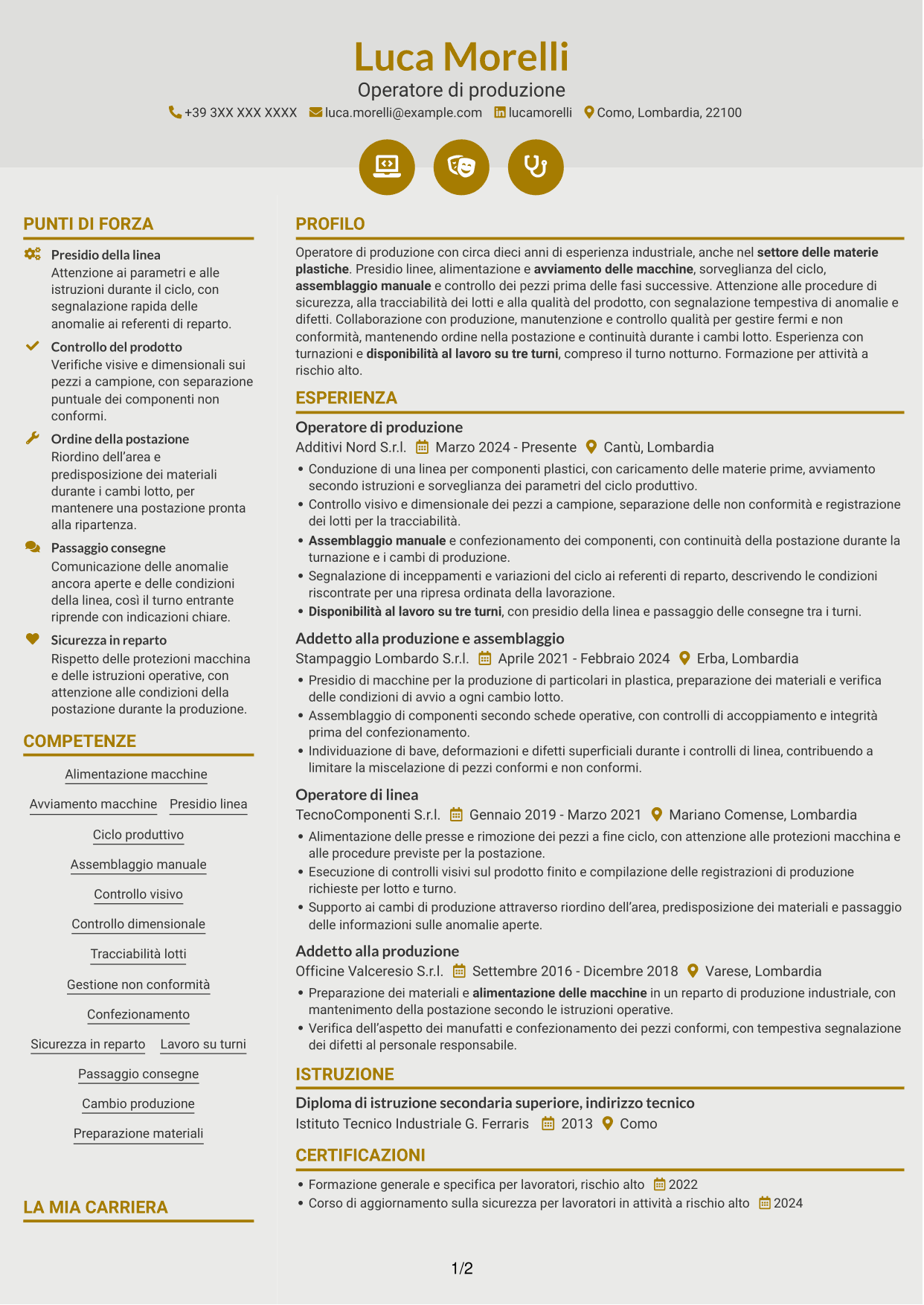 CV Dinamico (formato a due colonne con icone): Operaio di produzione - Assemblaggio e controllo qualità, pagina 1