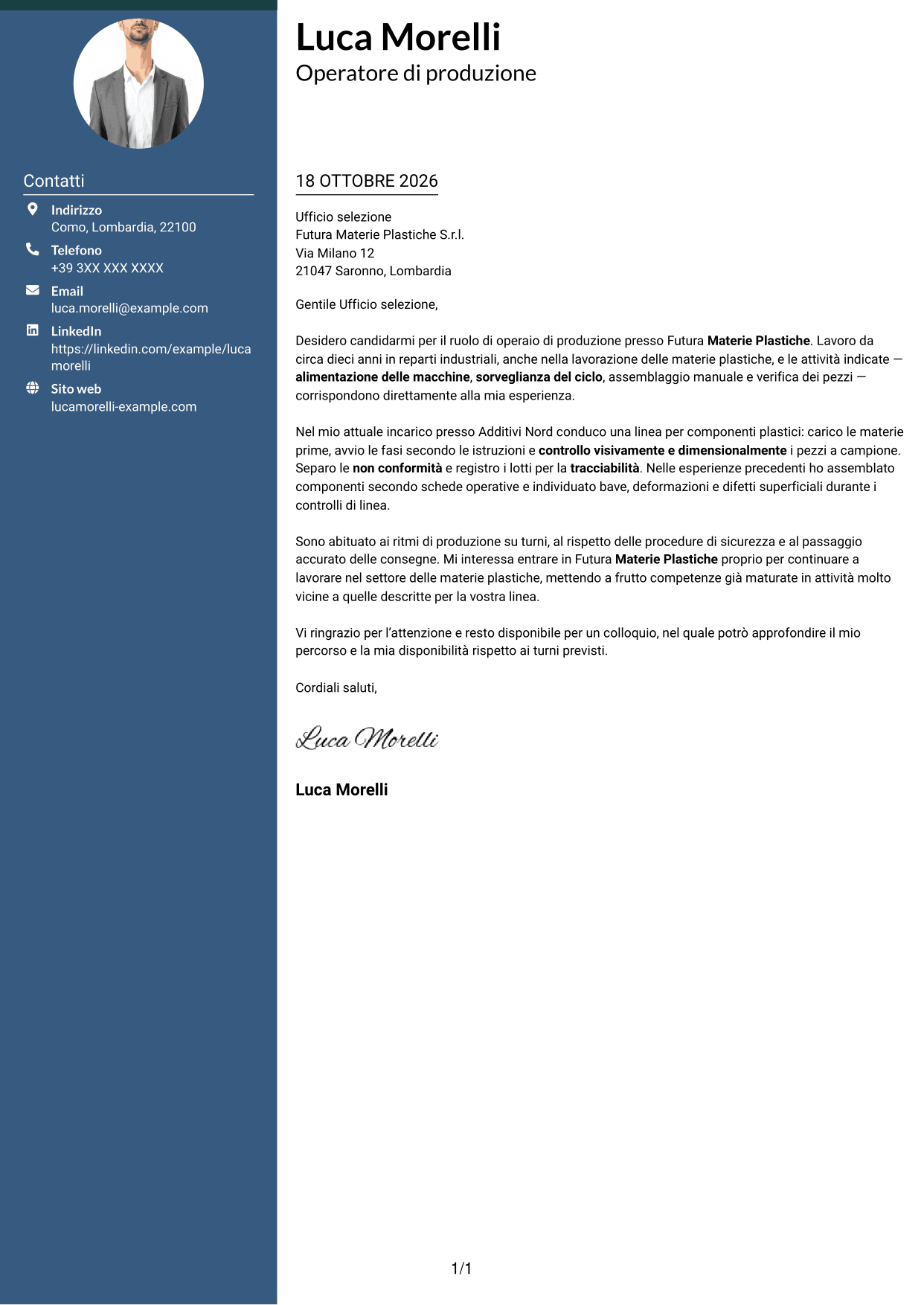 Lettera di presentazione Elegante (formato con colonna laterale colorata e foto): Operaio di produzione - Assemblaggio e controllo qualità, pagina 1