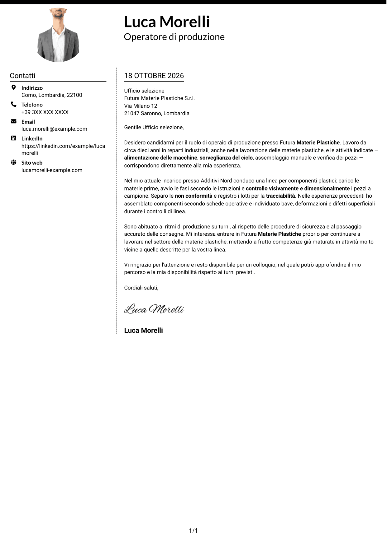 Lettera di presentazione Moderno (formato a due colonne con foto a sinistra e separatore): Operaio di produzione - Assemblaggio e controllo qualità, pagina 1
