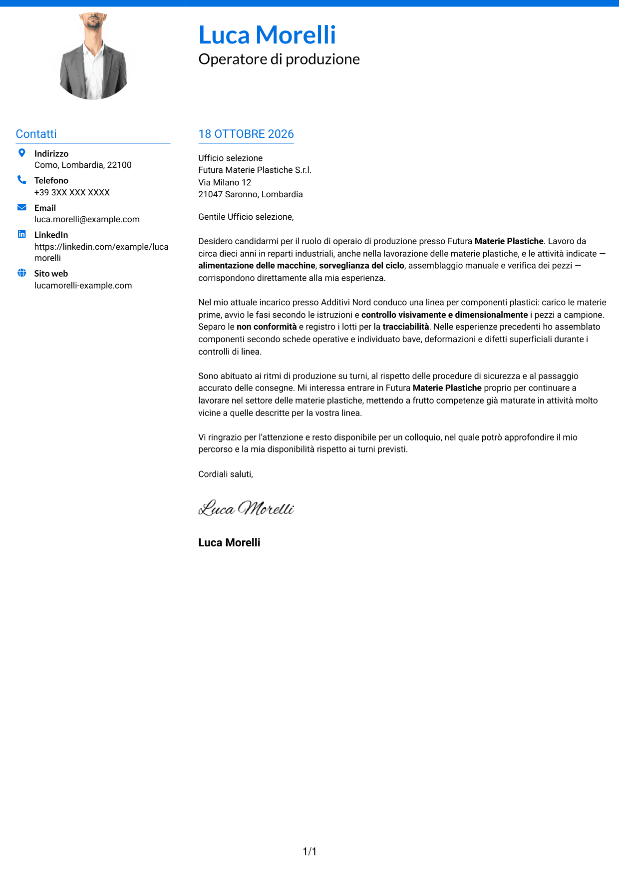 Lettera di presentazione Audace (formato a due colonne con accenti colorati e foto): Operaio di produzione - Assemblaggio e controllo qualità, pagina 1