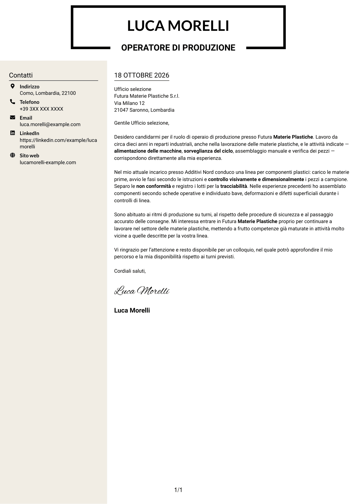 Lettera di presentazione Intraprendente (formato a due colonne con intestazione centrata senza foto): Operaio di produzione - Assemblaggio e controllo qualità, pagina 1
